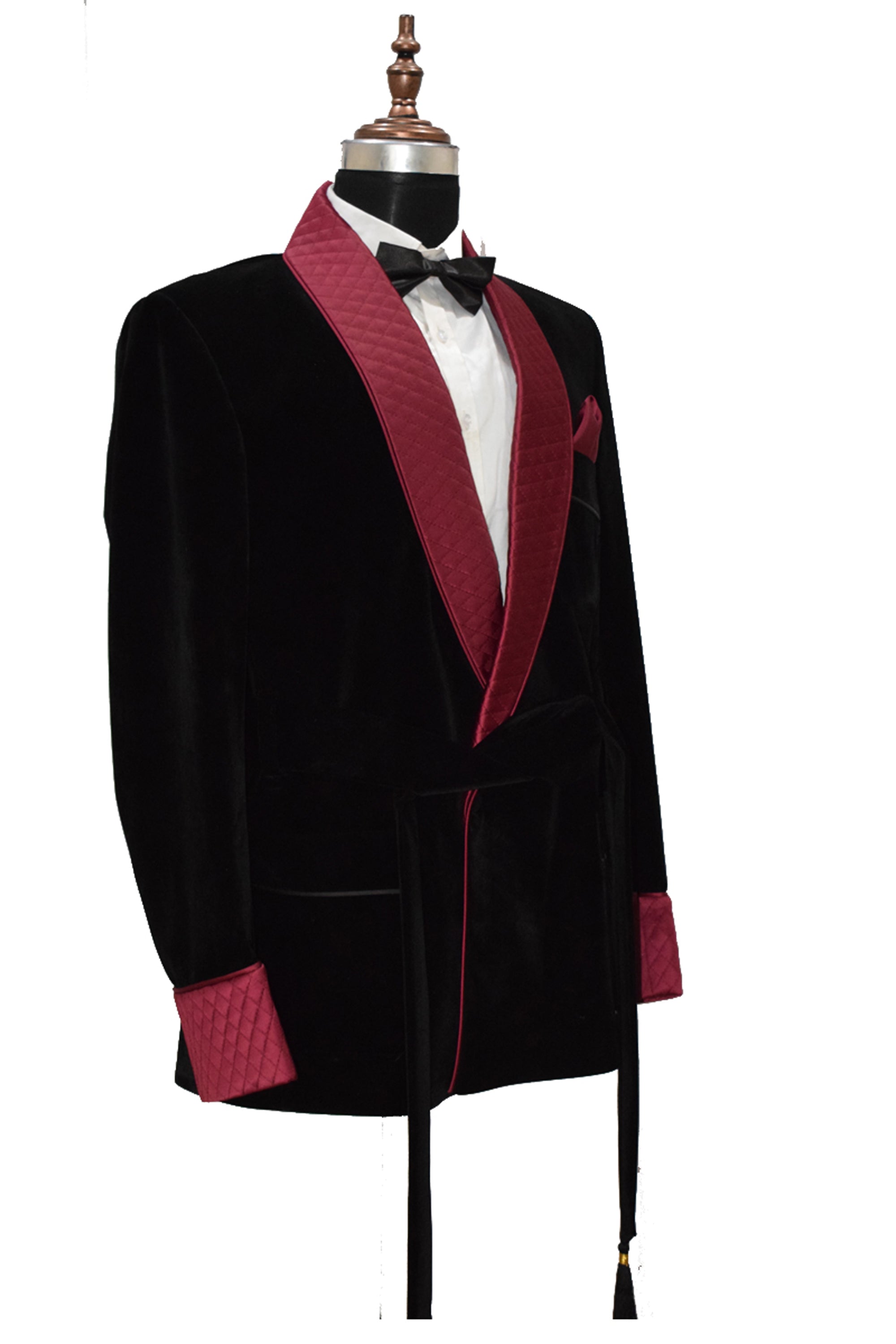 Men Black Velvet Smoking Jacket with Black Quilted Lapel, Cuffs and Belt
