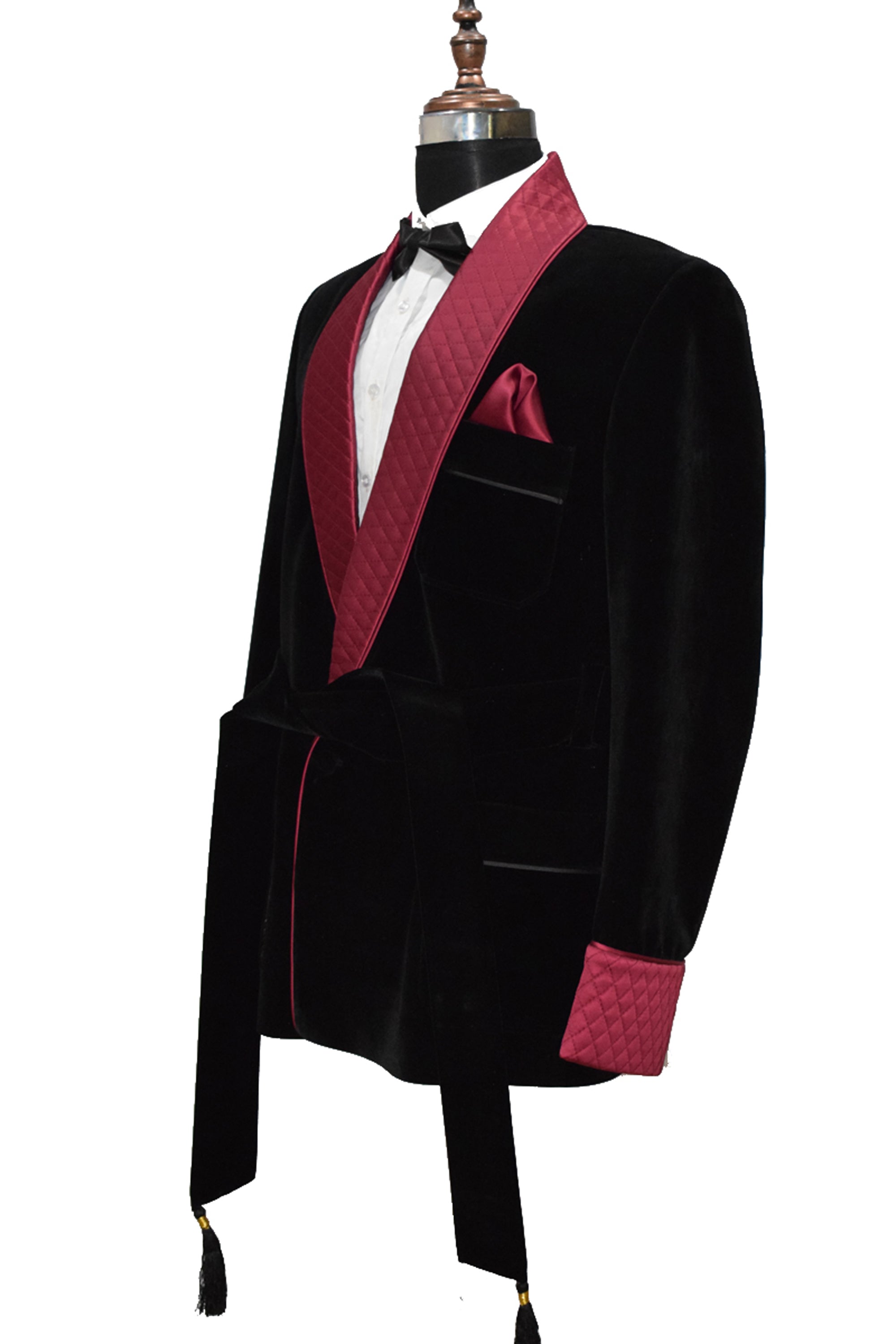 Men Black Velvet Smoking Jacket with Black Quilted Lapel, Cuffs and Belt