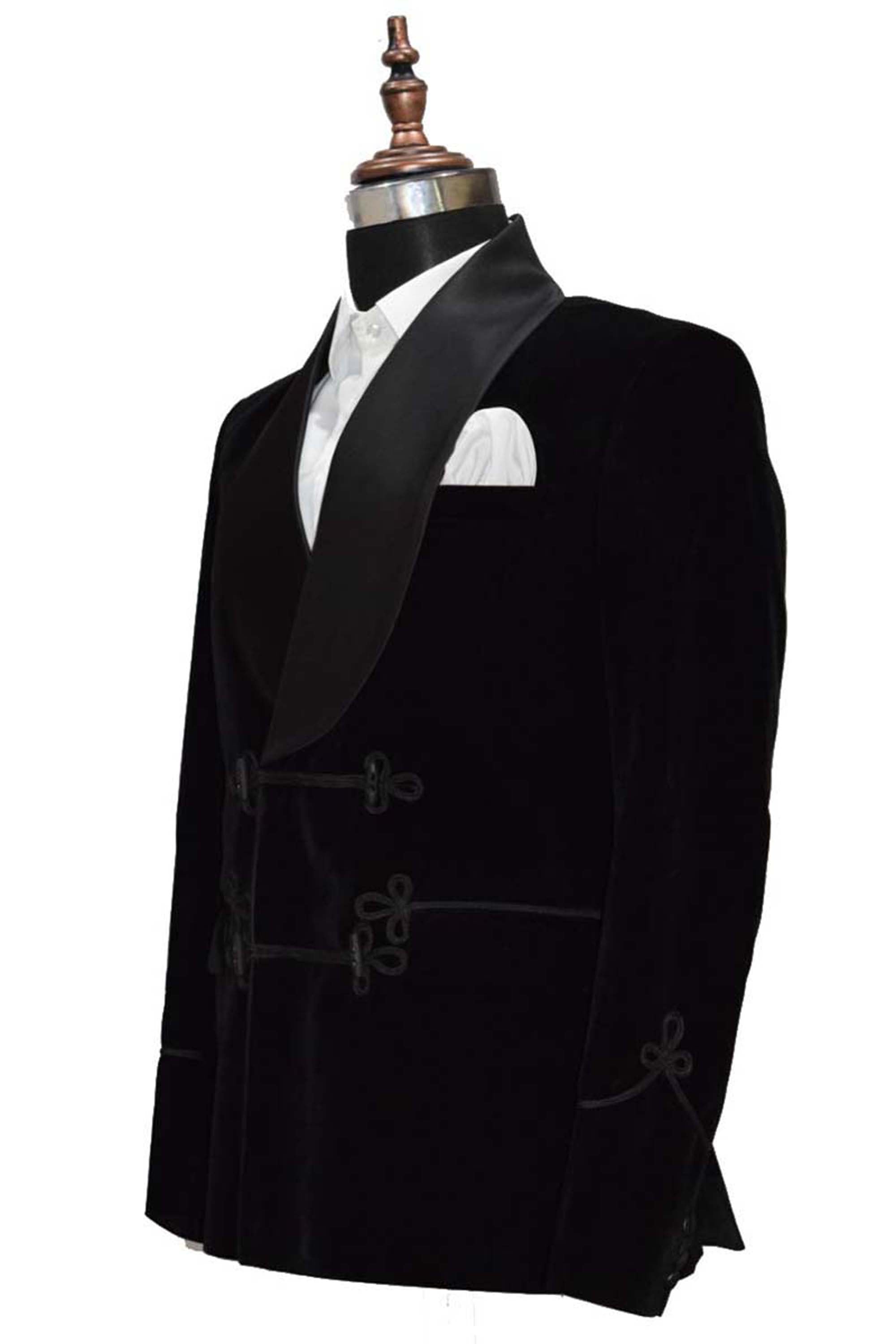 Black Velvet Smoking Jacket with Frog Closure