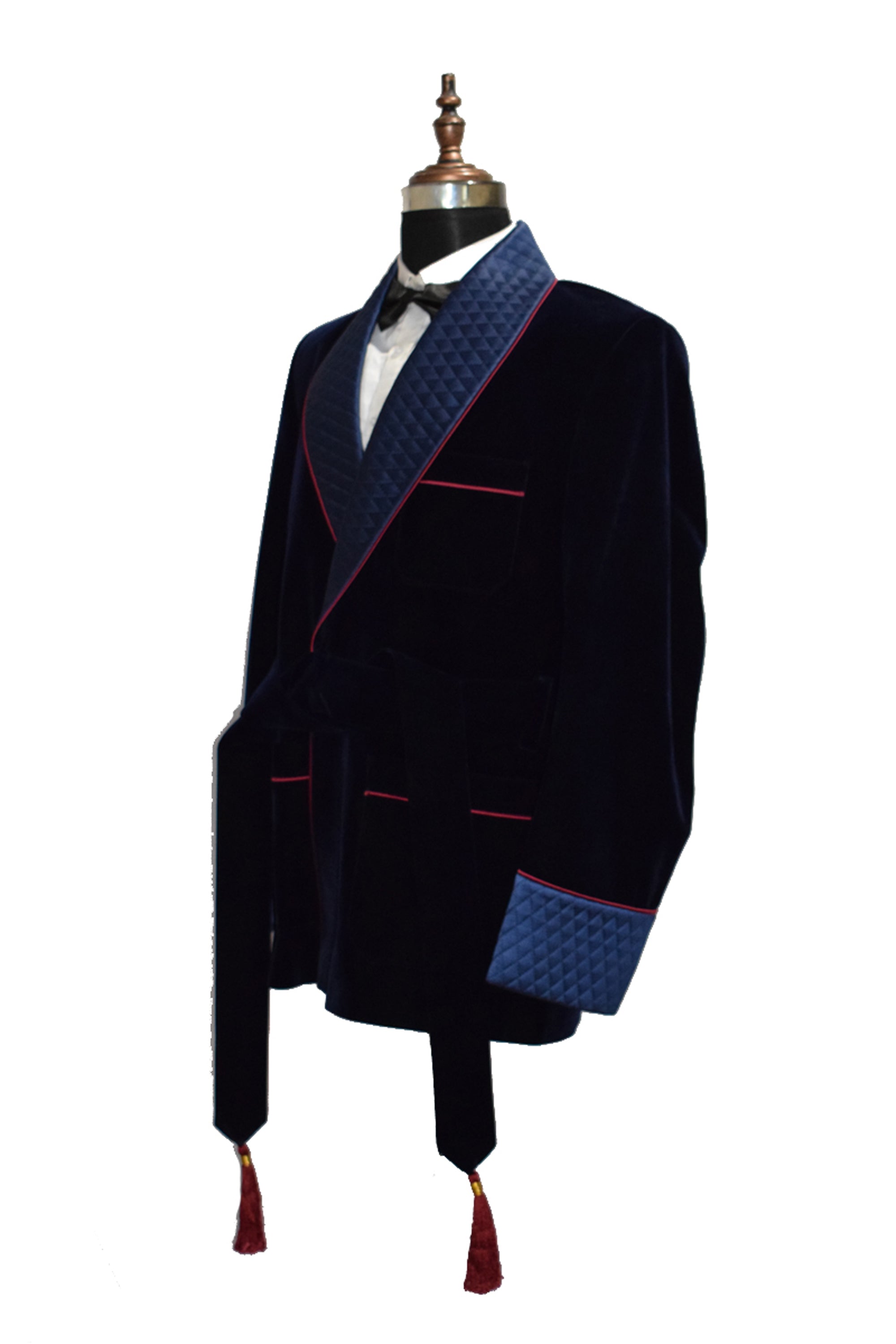 Men Navy Blue Smoking Jacket Quilted Lapel, Cuffs with Belt