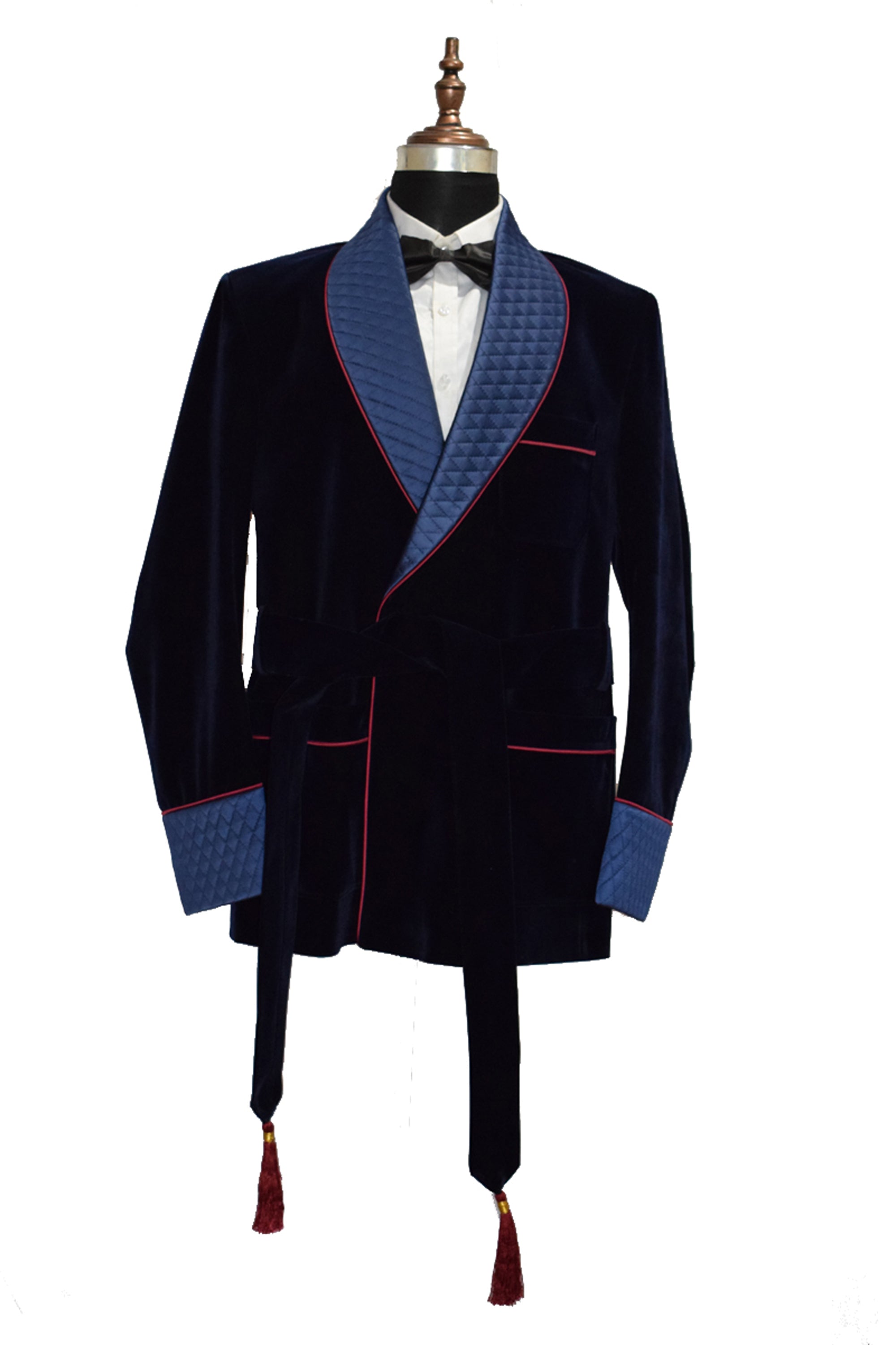 Men Navy Blue Smoking Jacket Quilted Lapel, Cuffs with Belt