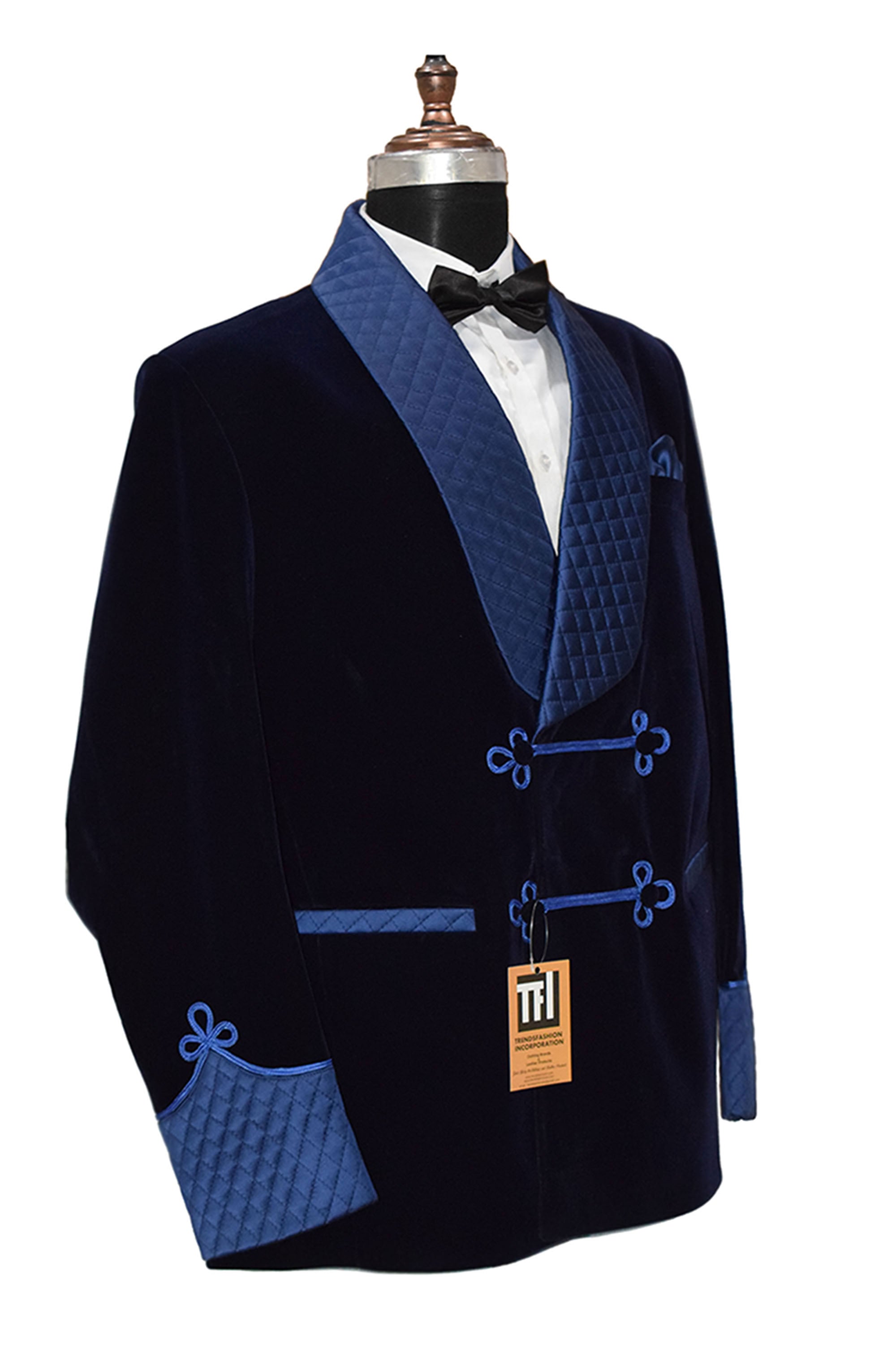 Men Blue Smoking Jacket Quilted Lapel, Cuffs with Frog Closure