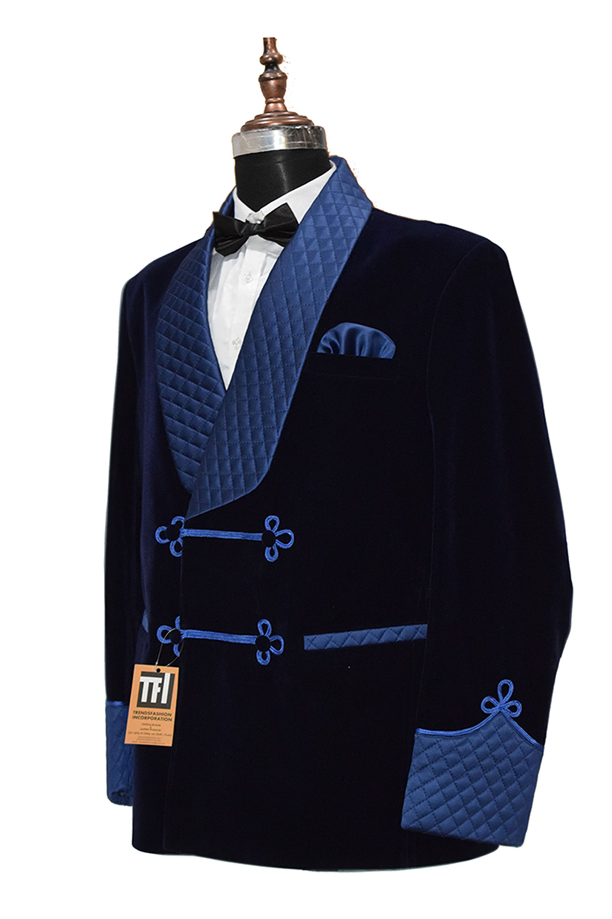 Men Blue Smoking Jacket Quilted Lapel, Cuffs with Frog Closure