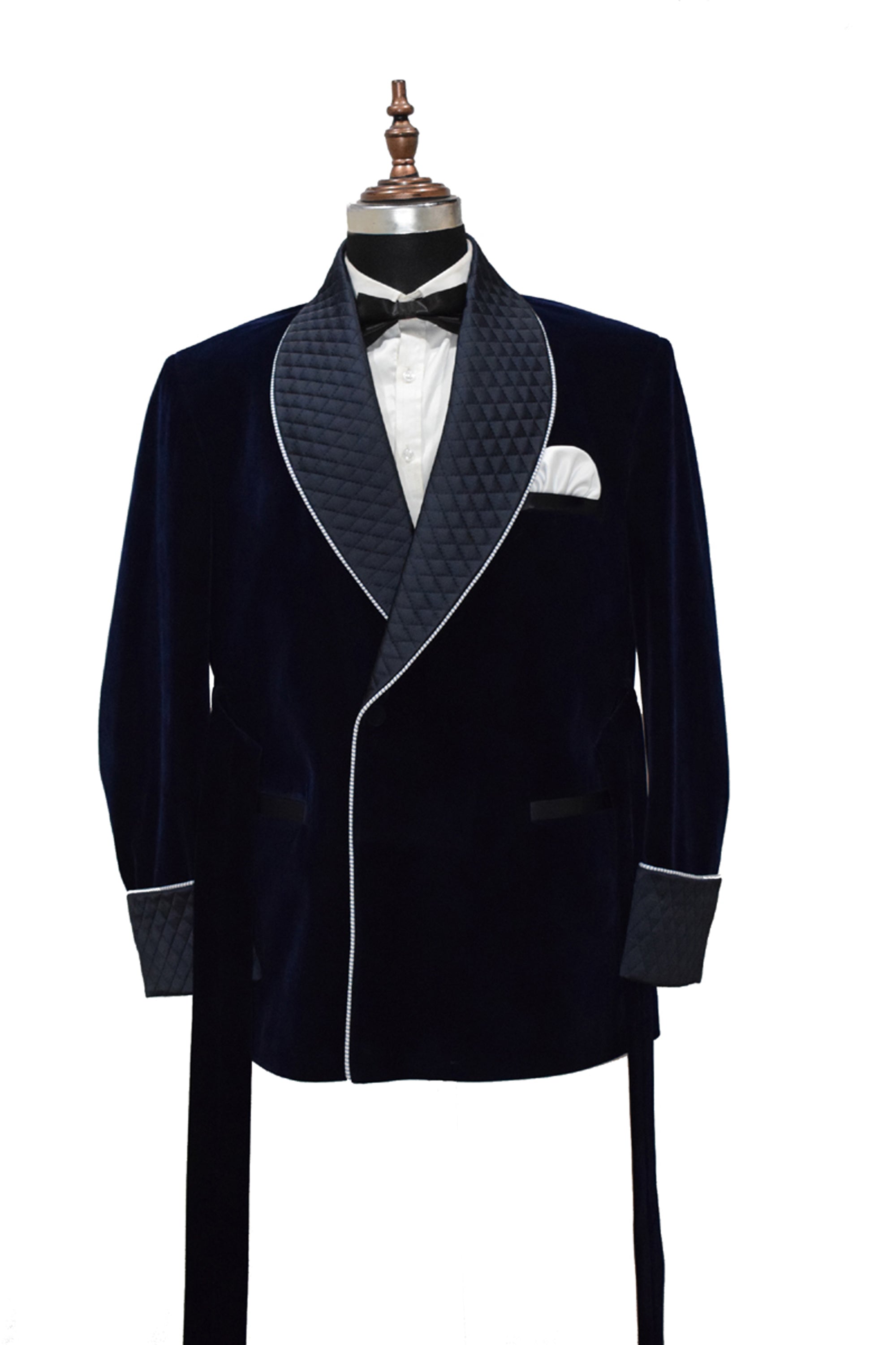 Men Navy Blue Smoking Jacket Quilted Lapel, Cuffs with Belt