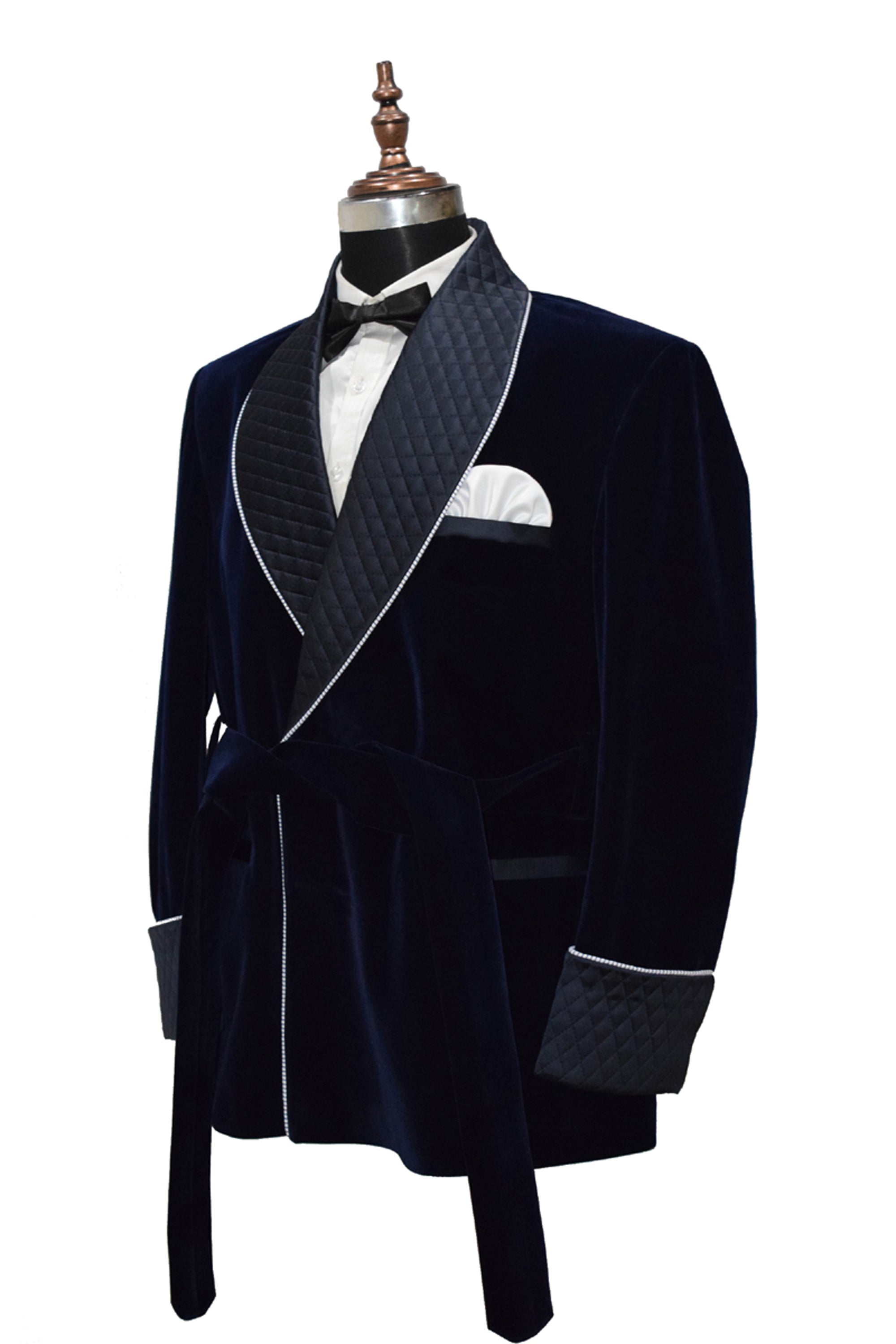 Men Navy Blue Smoking Jacket Quilted Lapel, Cuffs with Belt