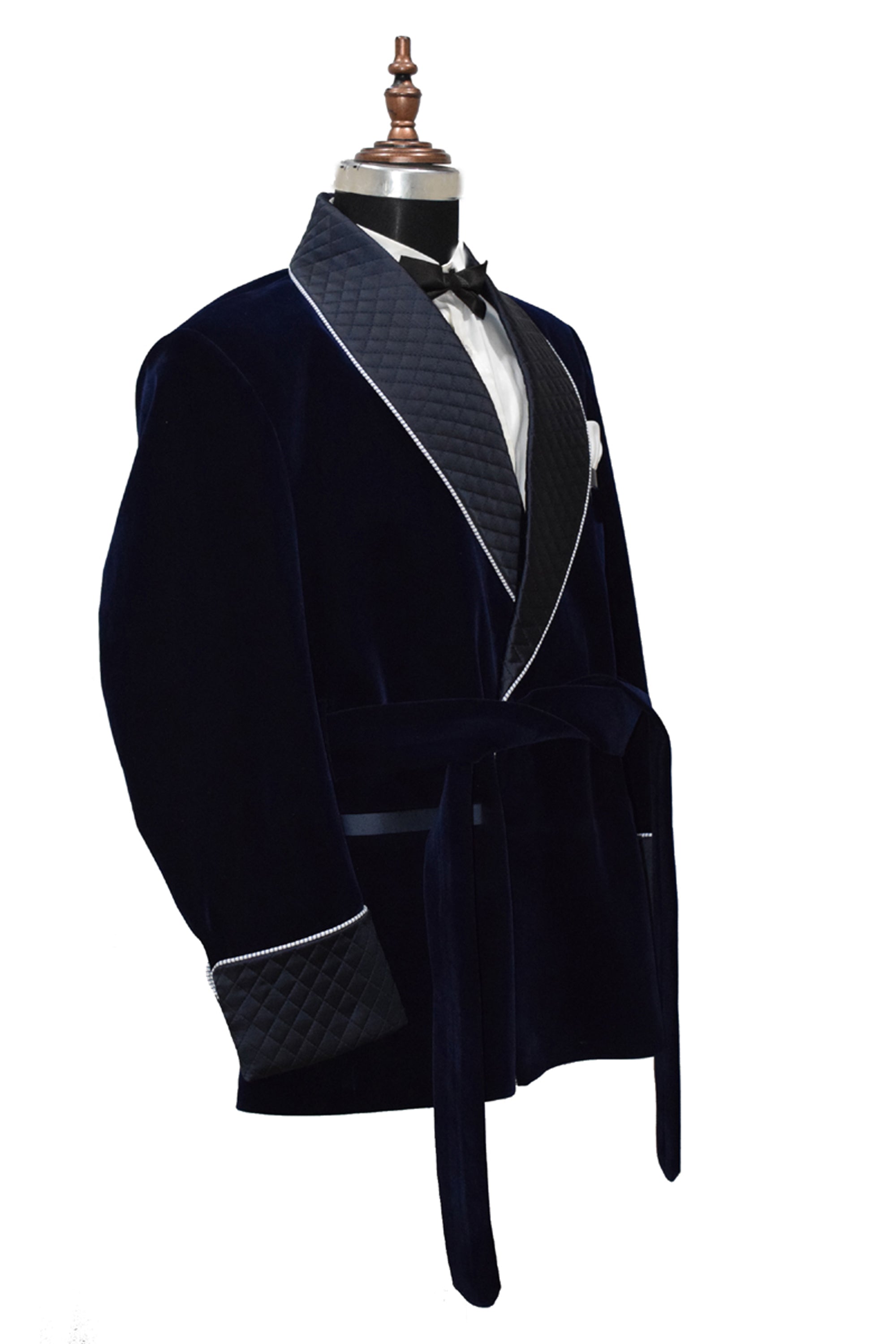 Men Navy Blue Smoking Jacket Quilted Lapel, Cuffs with Belt