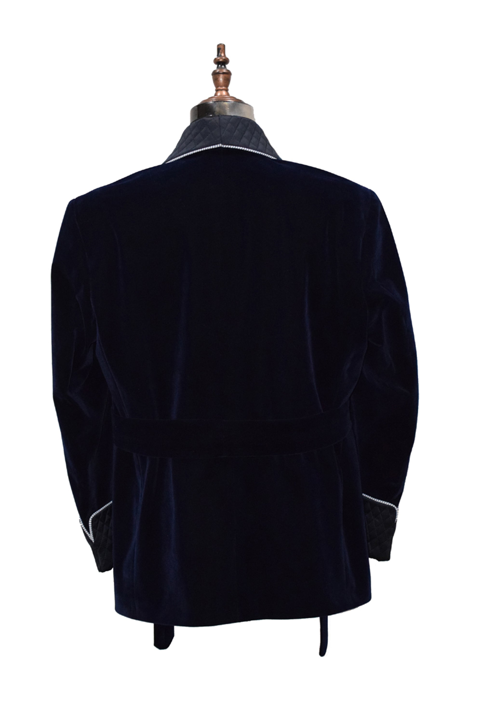 Men Navy Blue Smoking Jacket Quilted Lapel, Cuffs with Belt