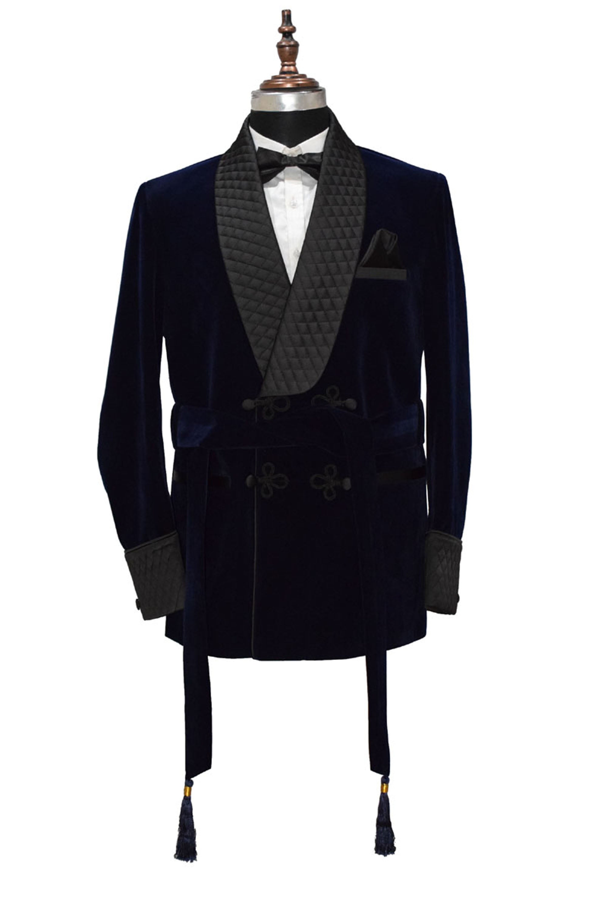 Men Navy Blue Smoking Jacket Quilted Lapel, Cuffs with Belt