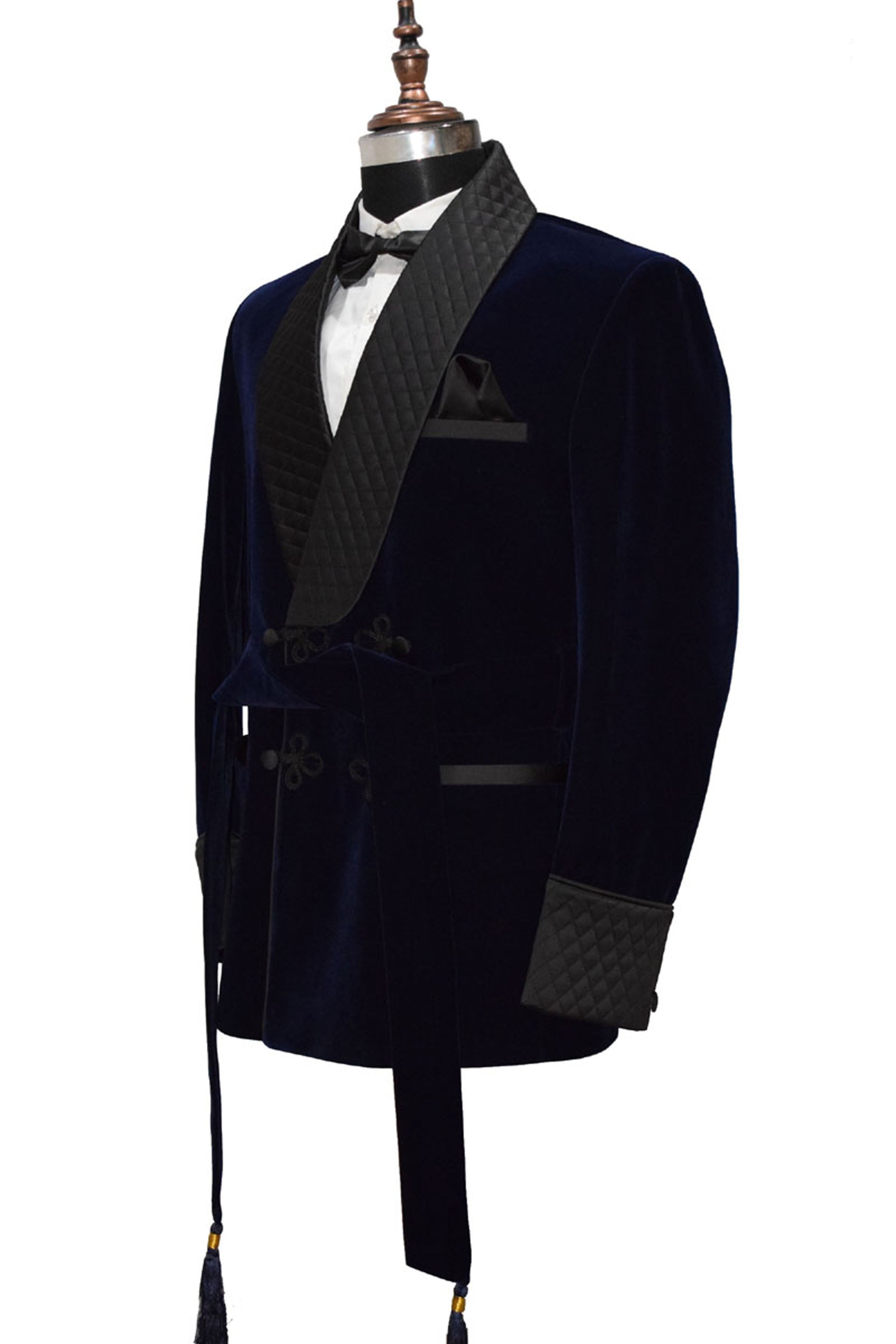Men Navy Blue Smoking Jacket Quilted Lapel, Cuffs with Belt