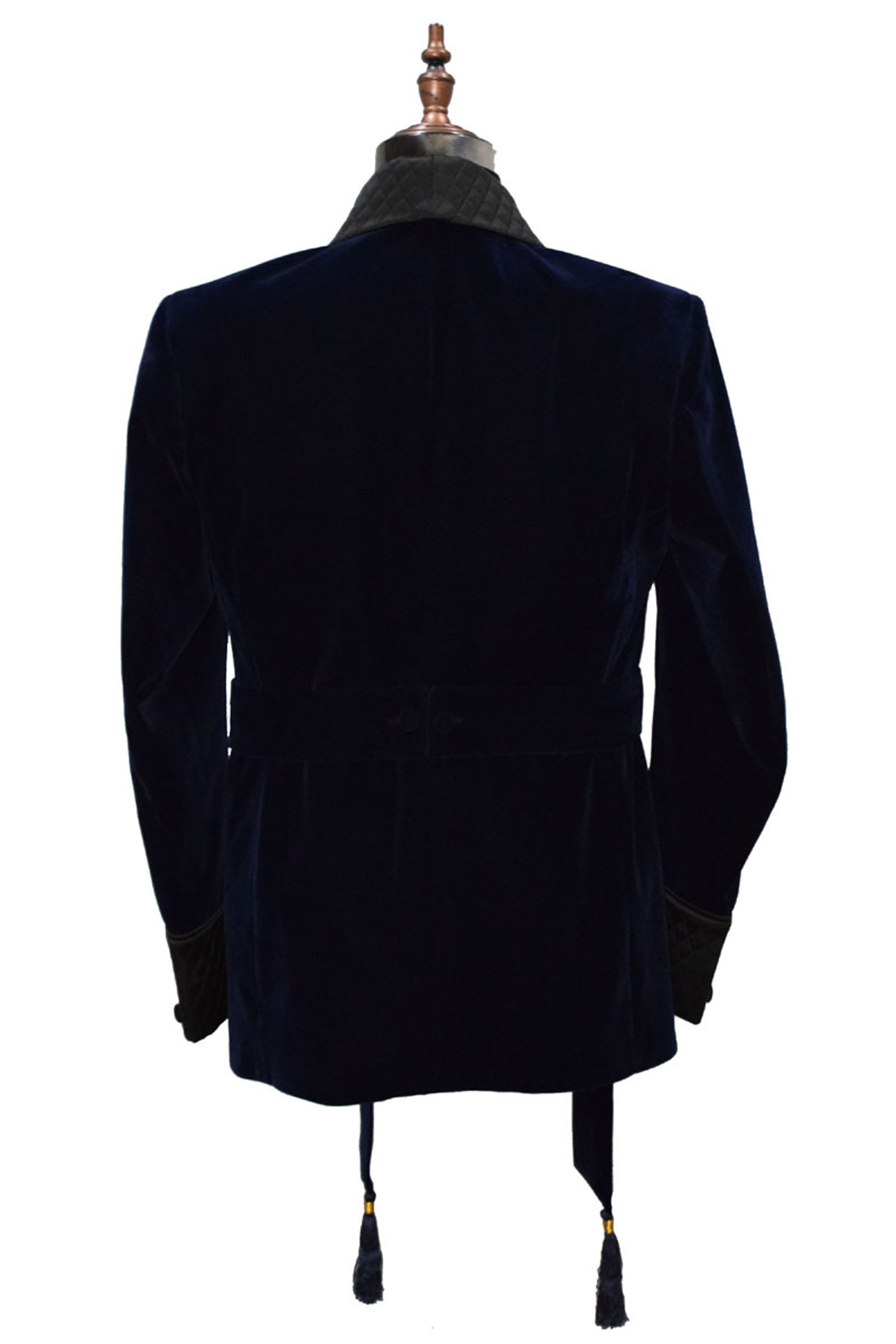 Men Navy Blue Smoking Jacket Quilted Lapel, Cuffs with Belt
