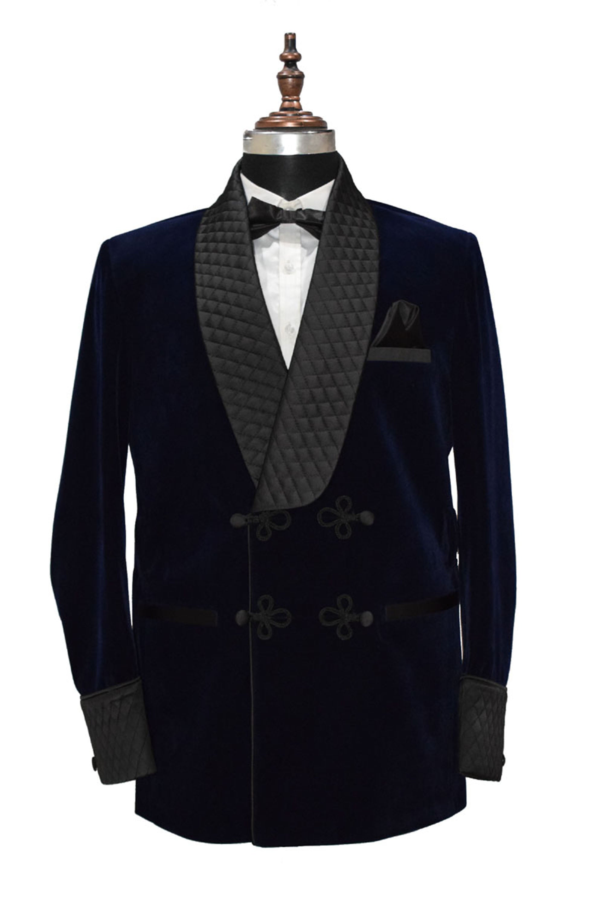 Men Navy Blue Velvet Smoking Quilted Jacket with Frog Closure