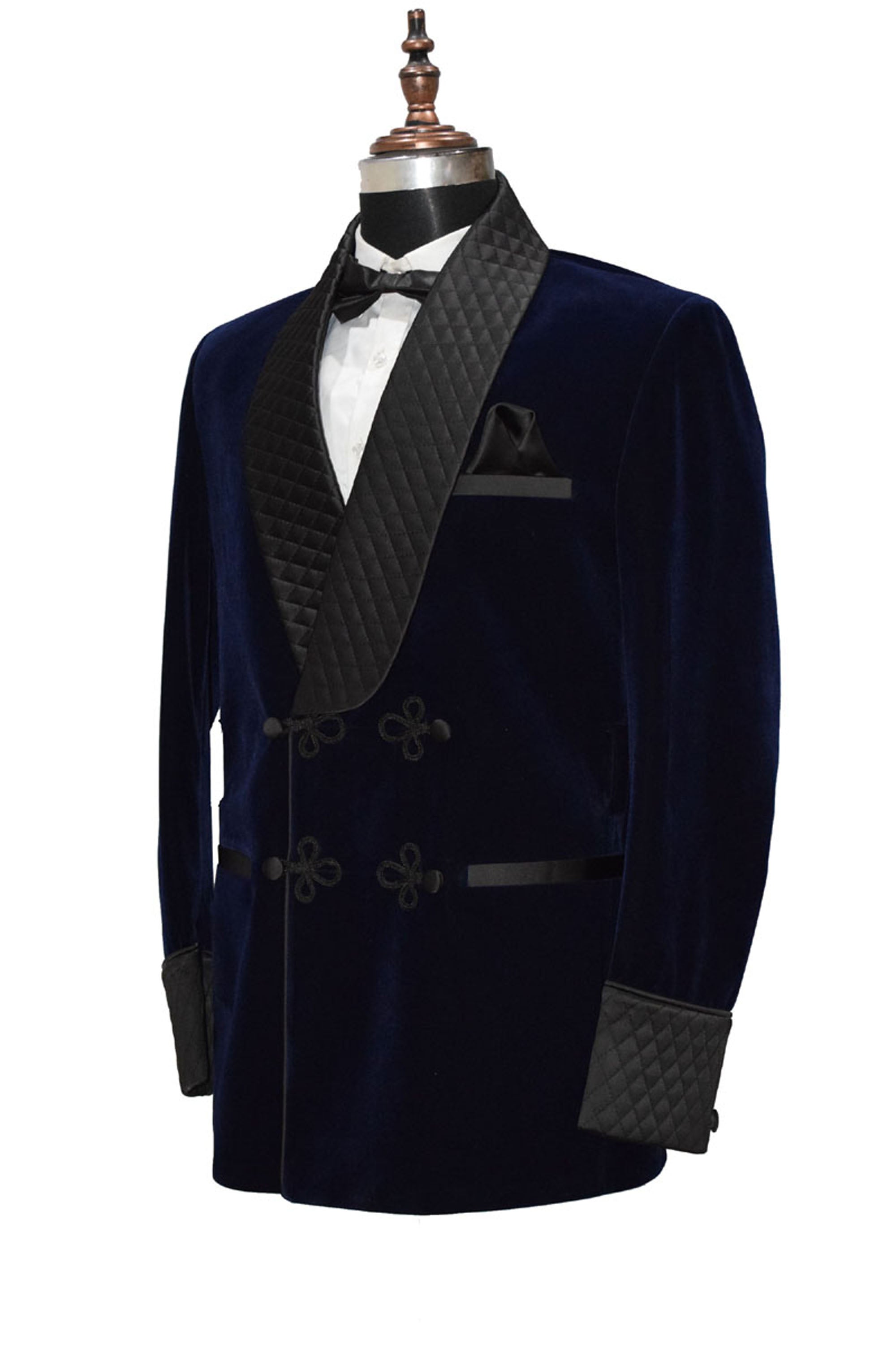 Men Navy Blue Velvet Smoking Quilted Jacket with Frog Closure