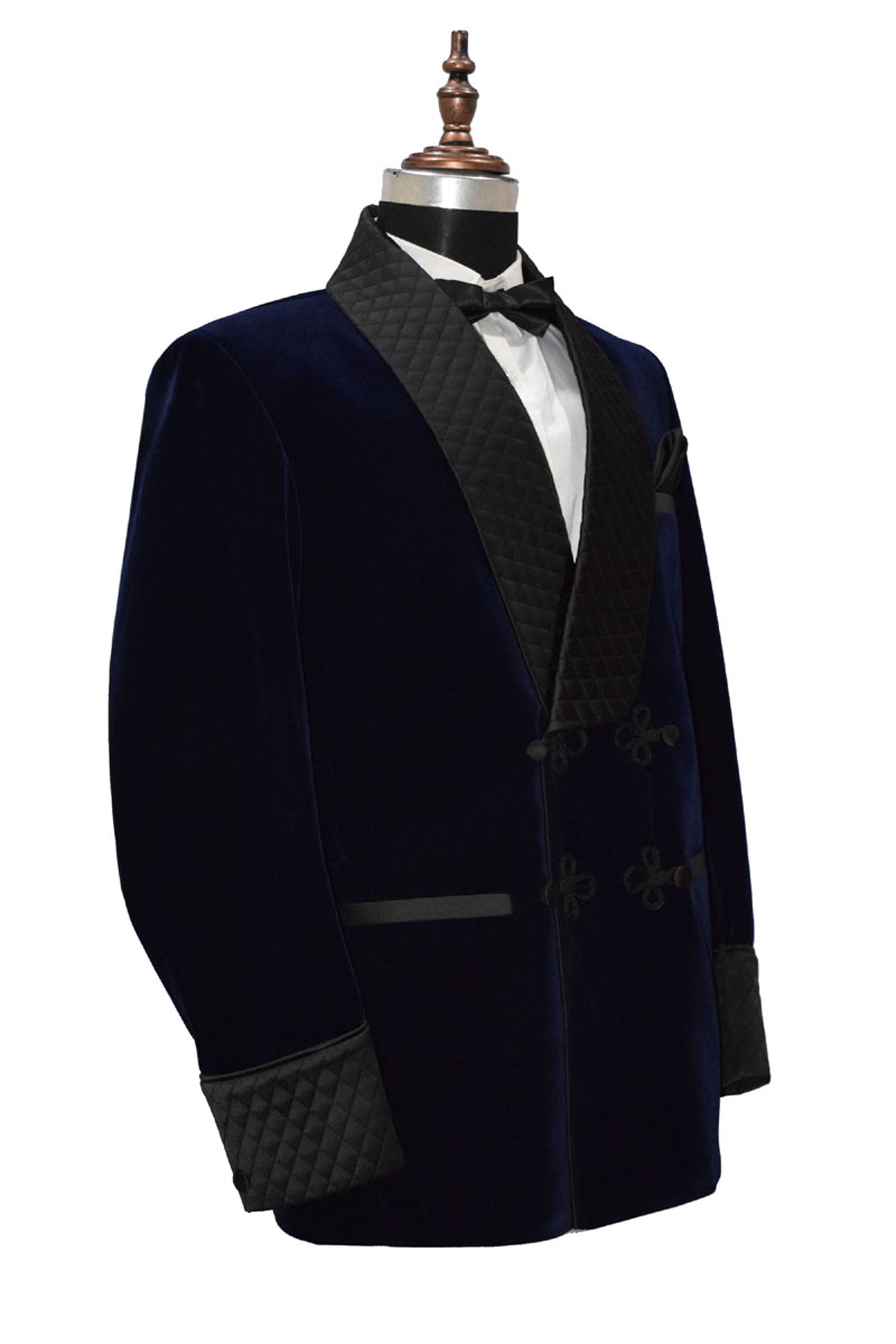 Men Navy Blue Velvet Smoking Quilted Jacket with Frog Closure