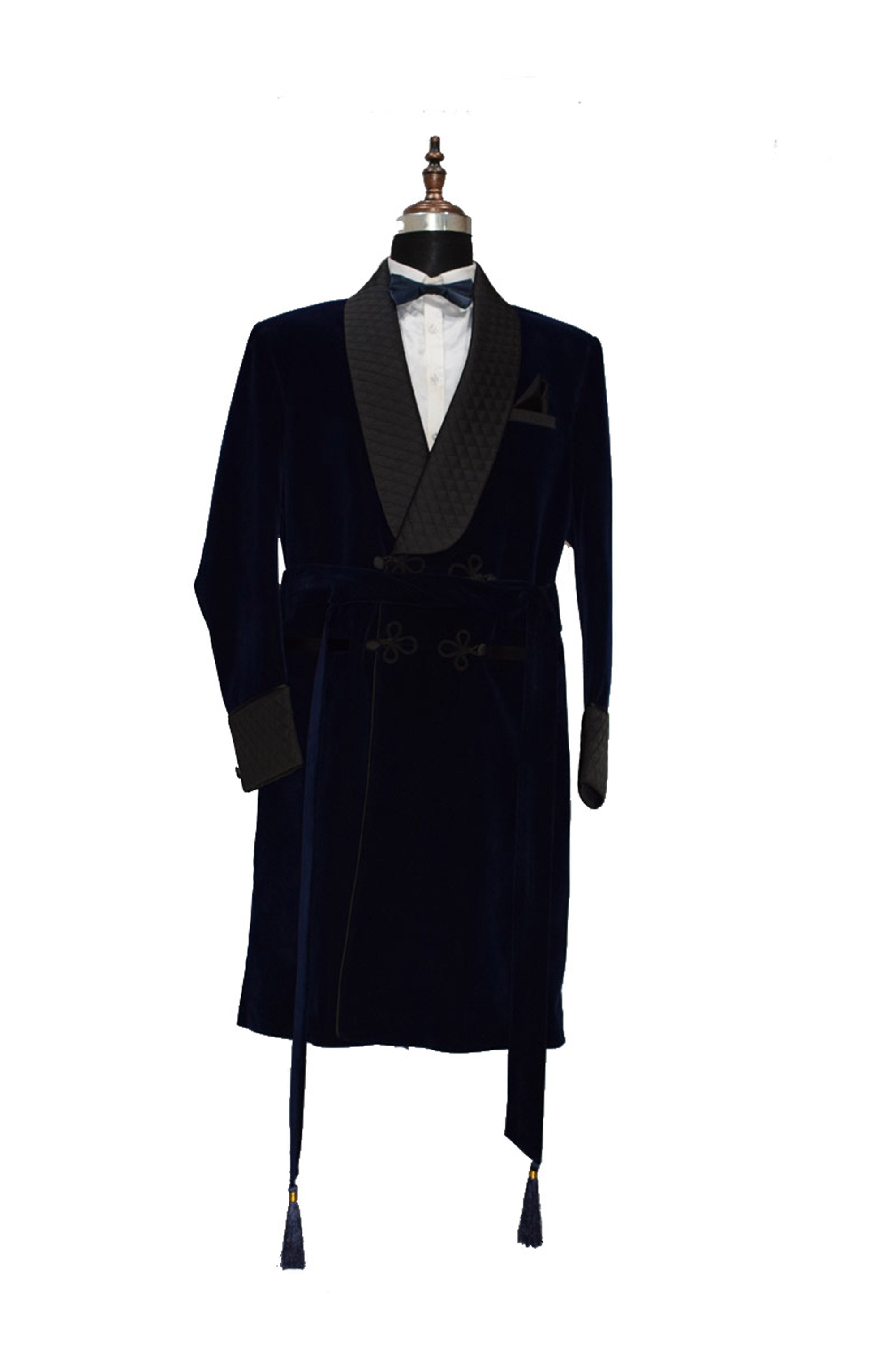 Navy Blue Smoking Jacket Long Coat with Quilted Lapel, Cuffs and Belt