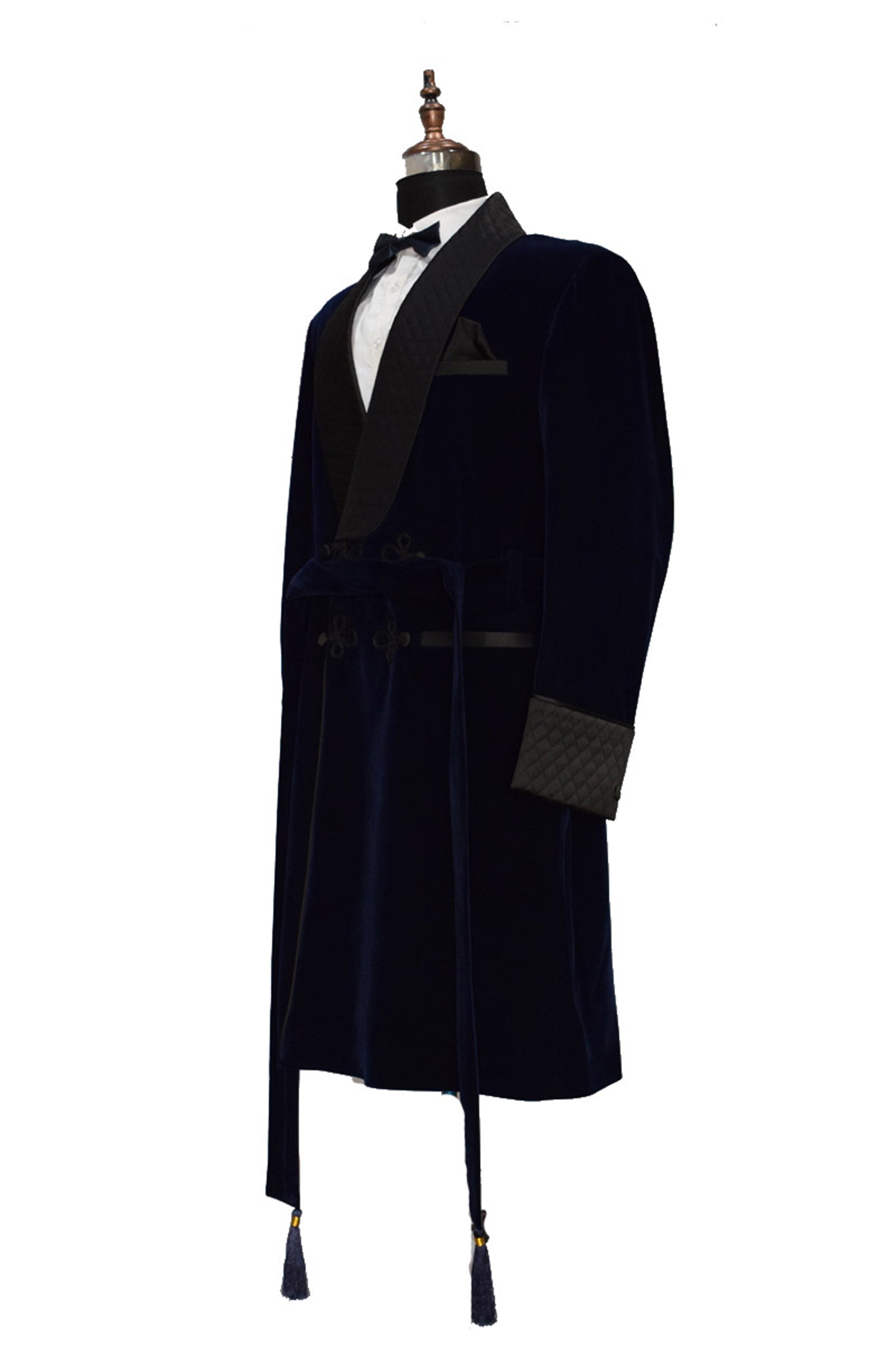 Navy Blue Smoking Jacket Long Coat with Quilted Lapel, Cuffs and Belt