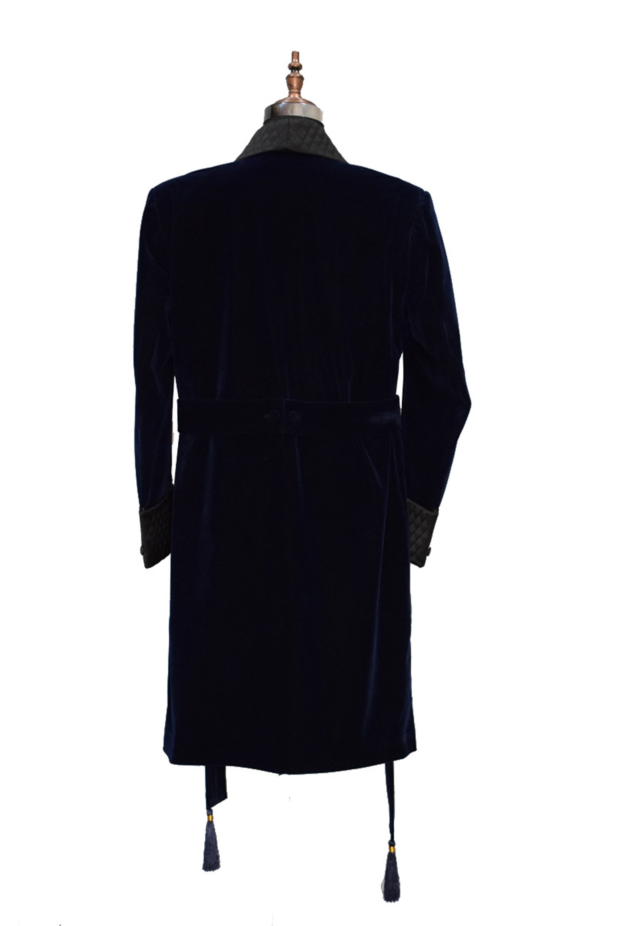 Navy Blue Smoking Jacket Long Coat with Quilted Lapel, Cuffs and Belt