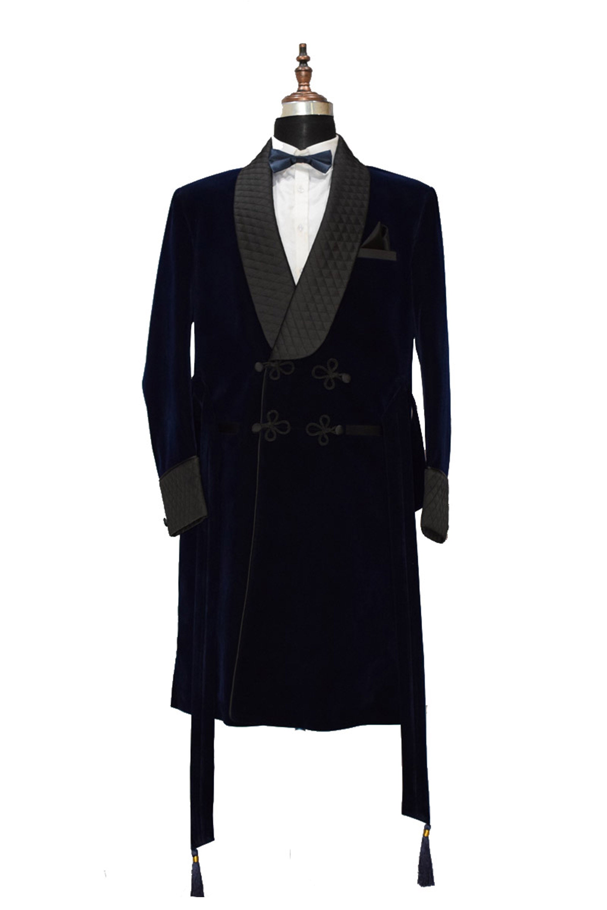 Navy Blue Smoking Jacket Long Coat with Quilted Lapel, Cuffs and Belt