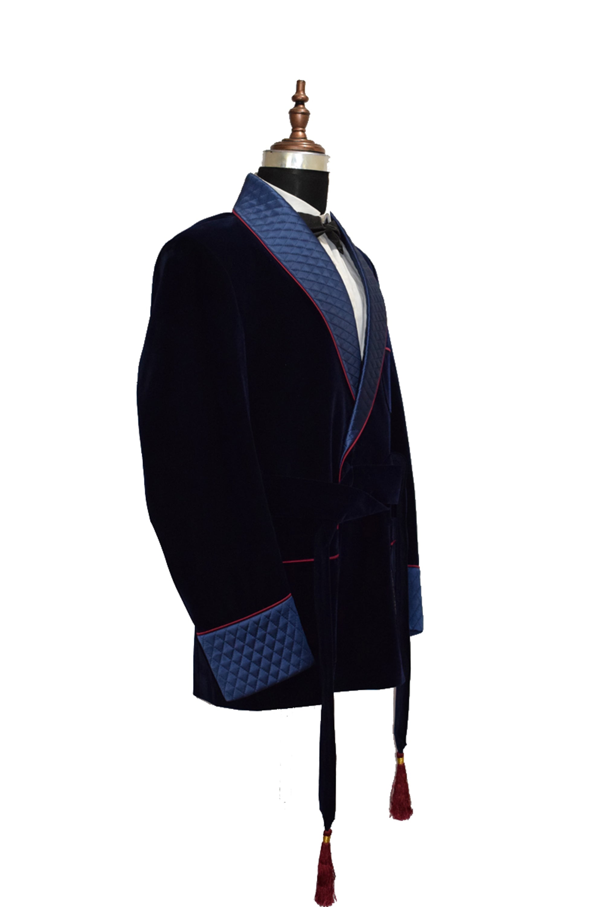 Men Navy Blue Smoking Jacket Quilted Lapel, Cuffs with Belt