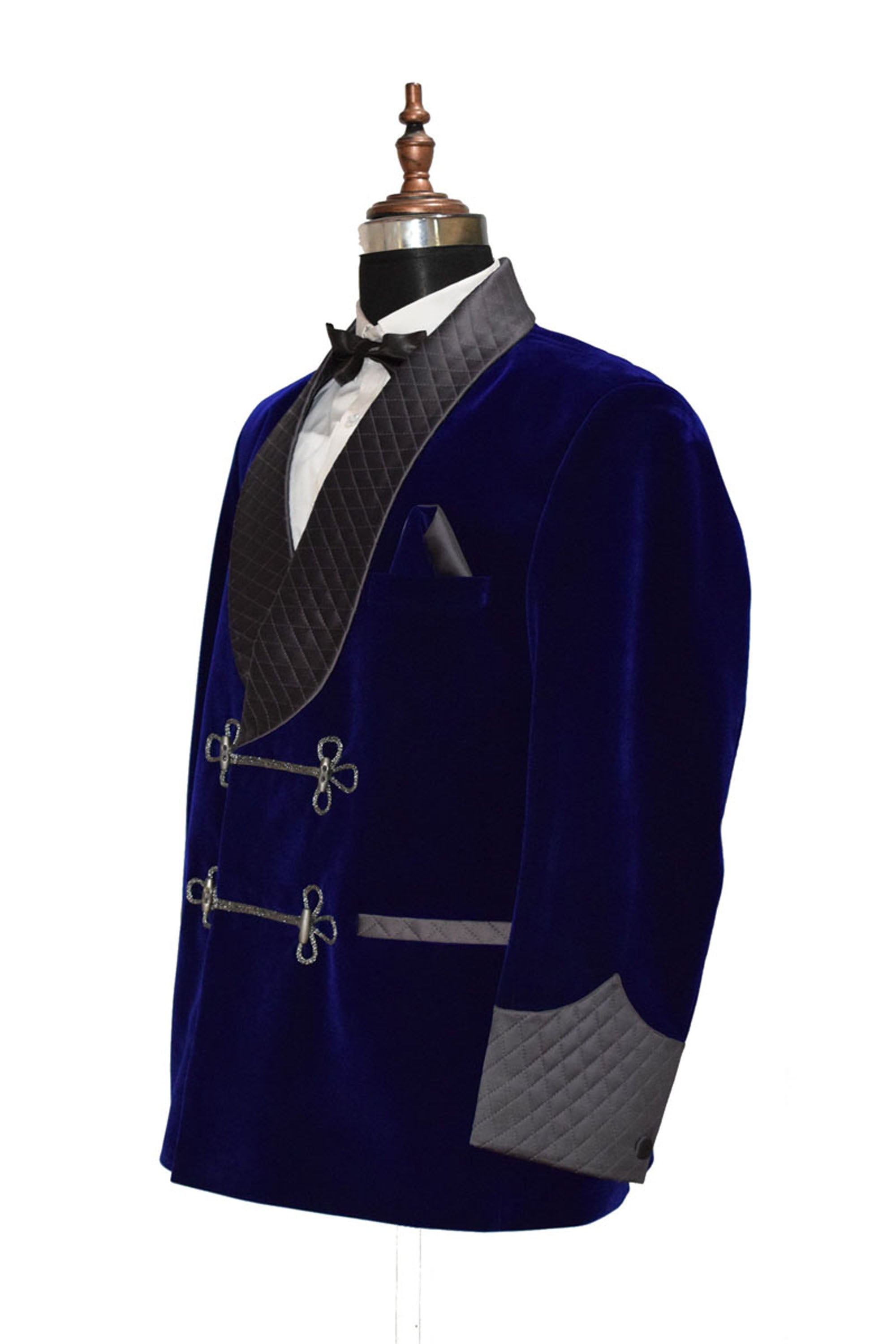 Men Royal Blue Smoking Jacket Quilted Lapel, Cuffs with Frog Closure