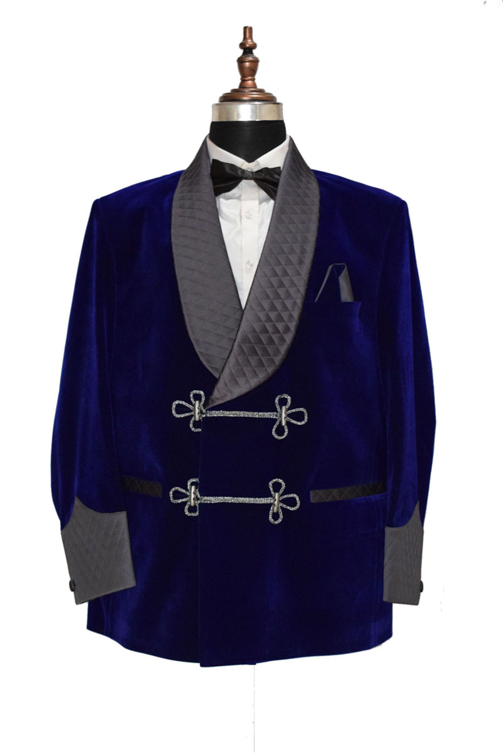 Men Royal Blue Smoking Jacket Quilted Lapel, Cuffs with Frog Closure