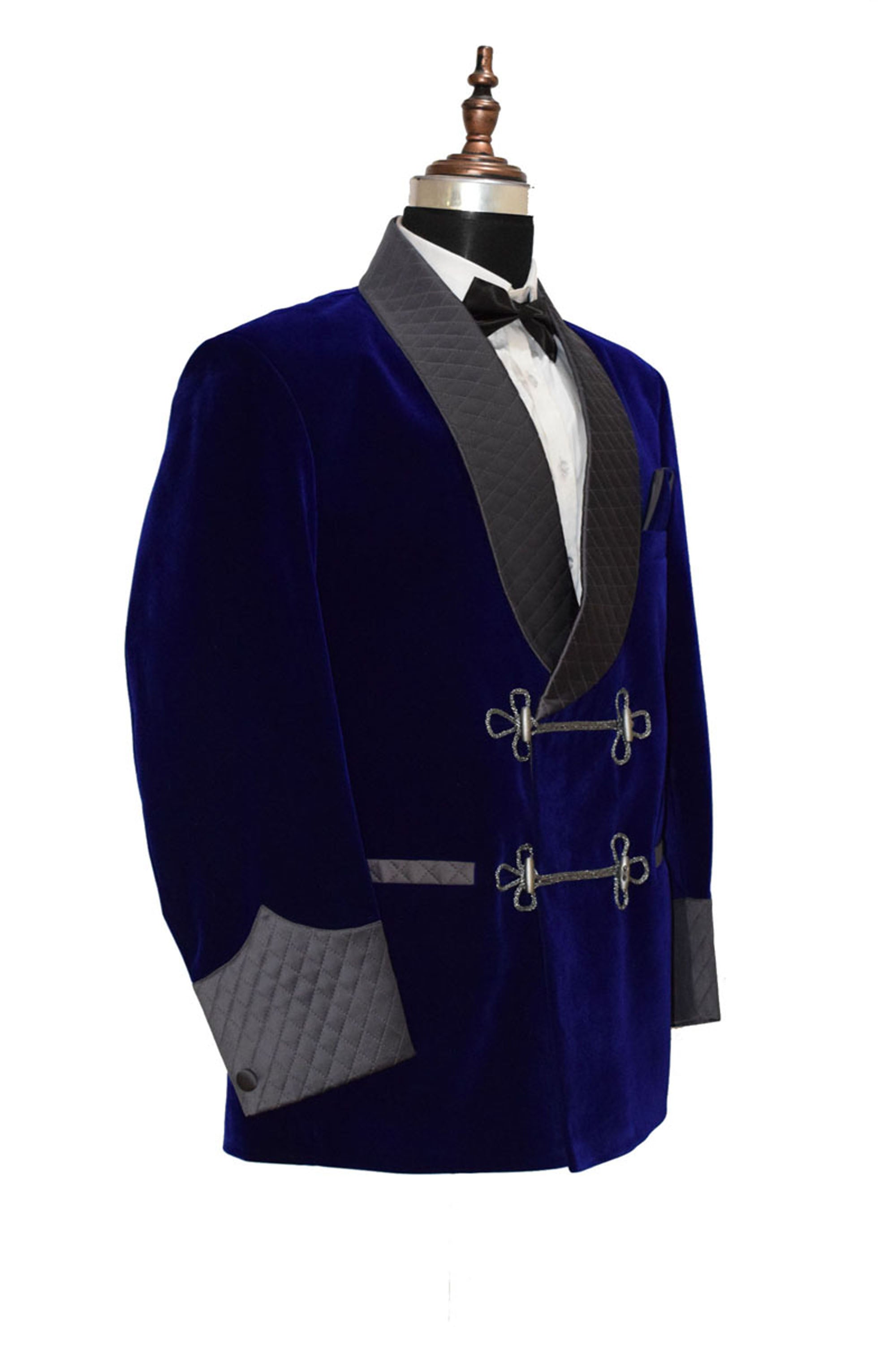 Men Royal Blue Smoking Jacket Quilted Lapel, Cuffs with Frog Closure