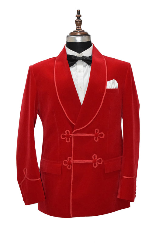 Men Red Velvet Smoking Jacket with Frog Closure