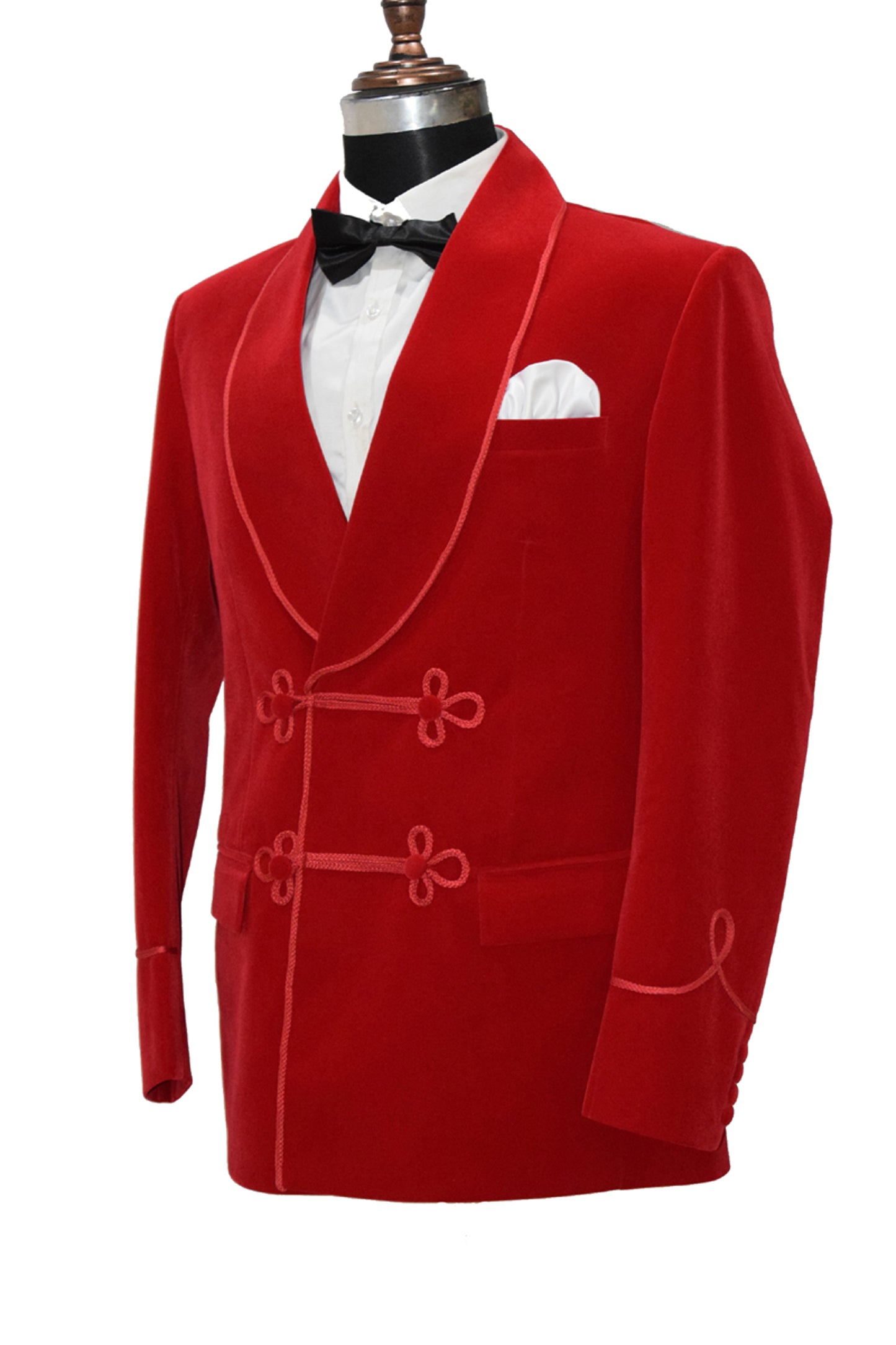 Men Red Velvet Smoking Jacket with Frog Closure