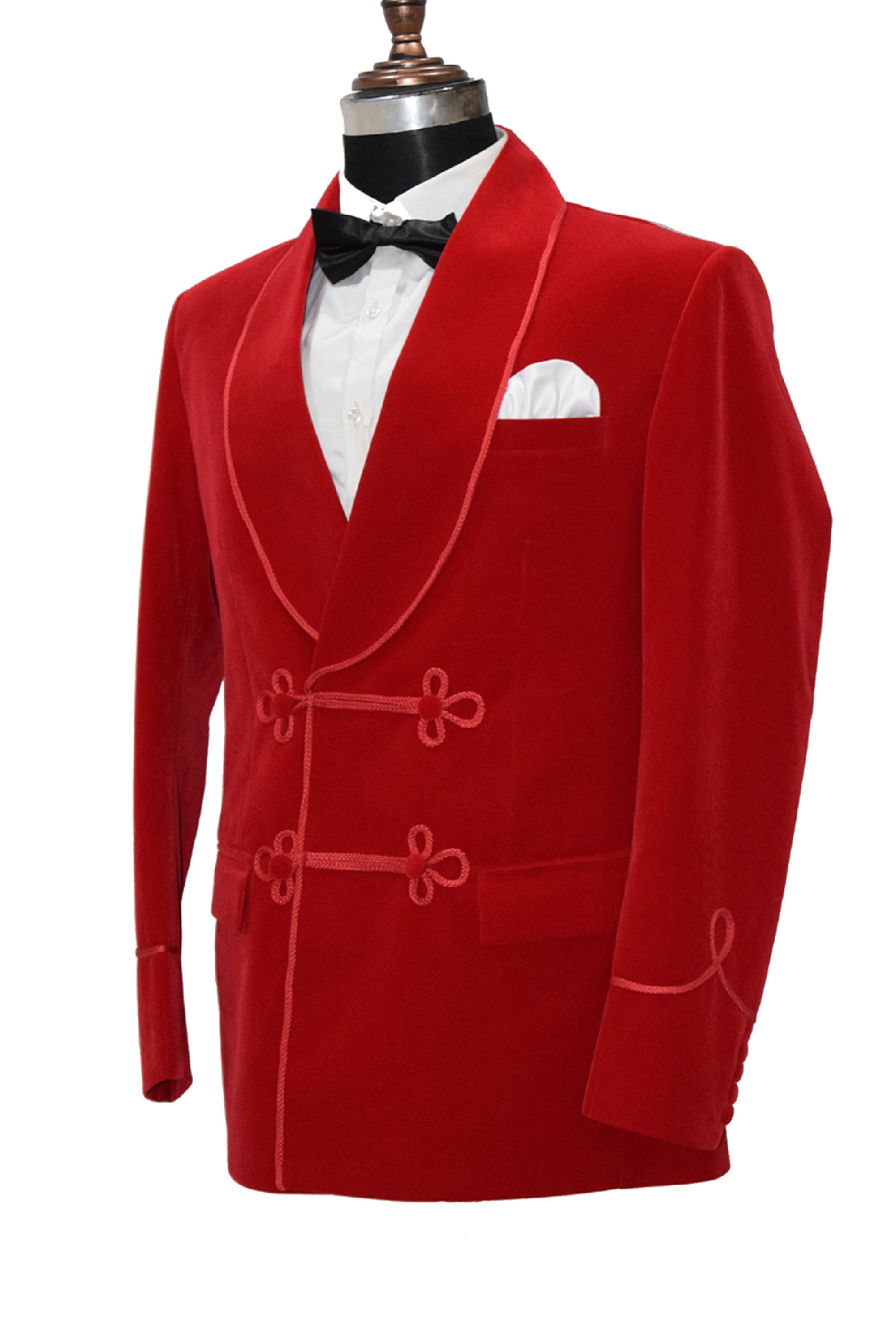 Men Red Velvet Smoking Jacket with Frog Closure