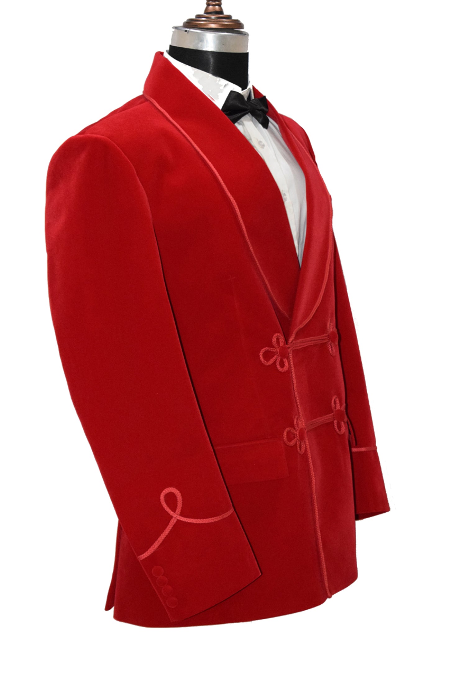 Men Red Velvet Smoking Jacket with Frog Closure