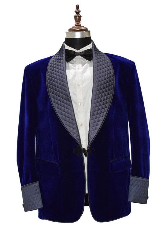 Men Royal Blue Smoking Jacket Quilted Lapel, Cuffs with Frog Closure