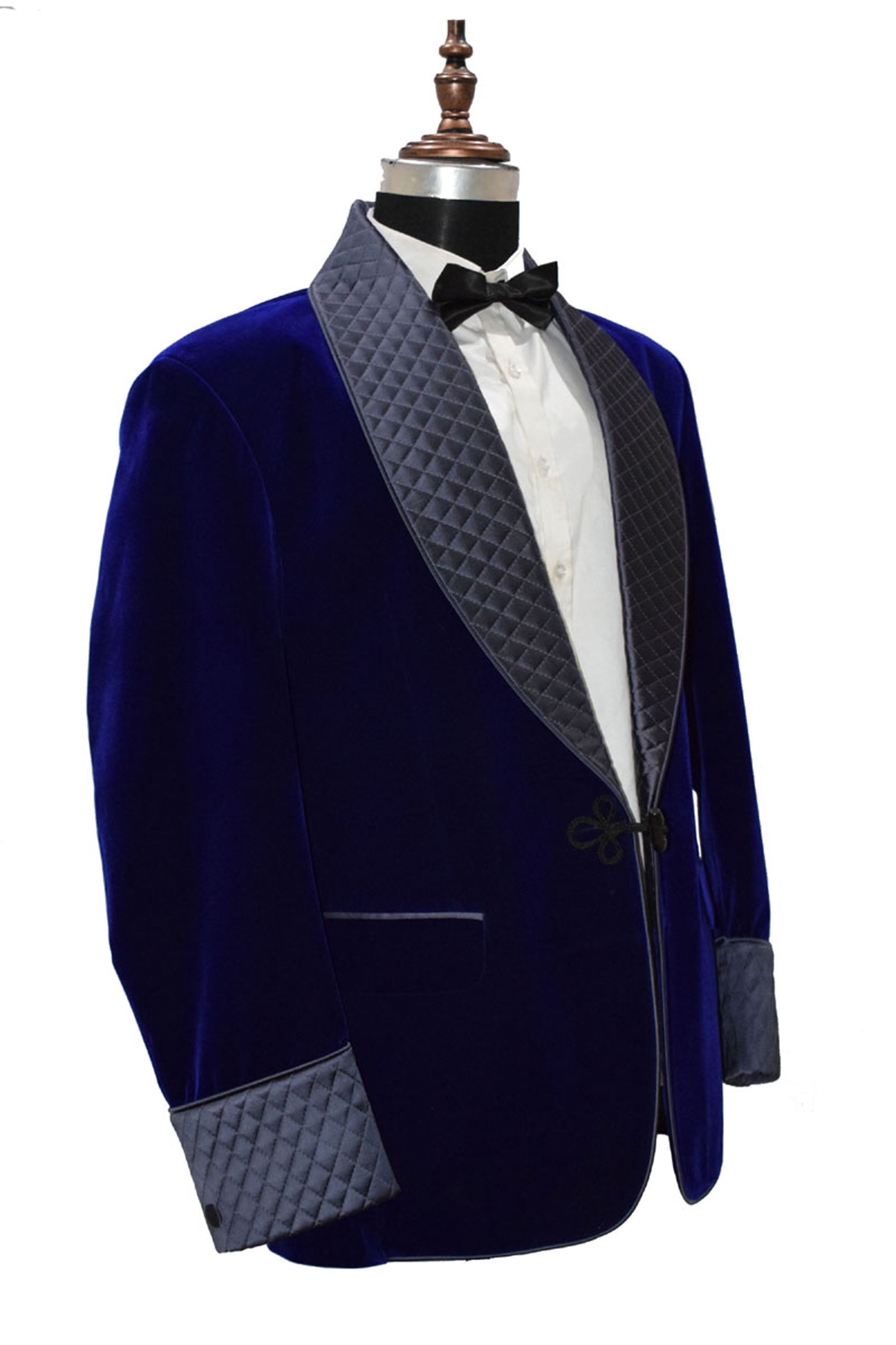 Men Royal Blue Smoking Jacket Quilted Lapel, Cuffs with Frog Closure