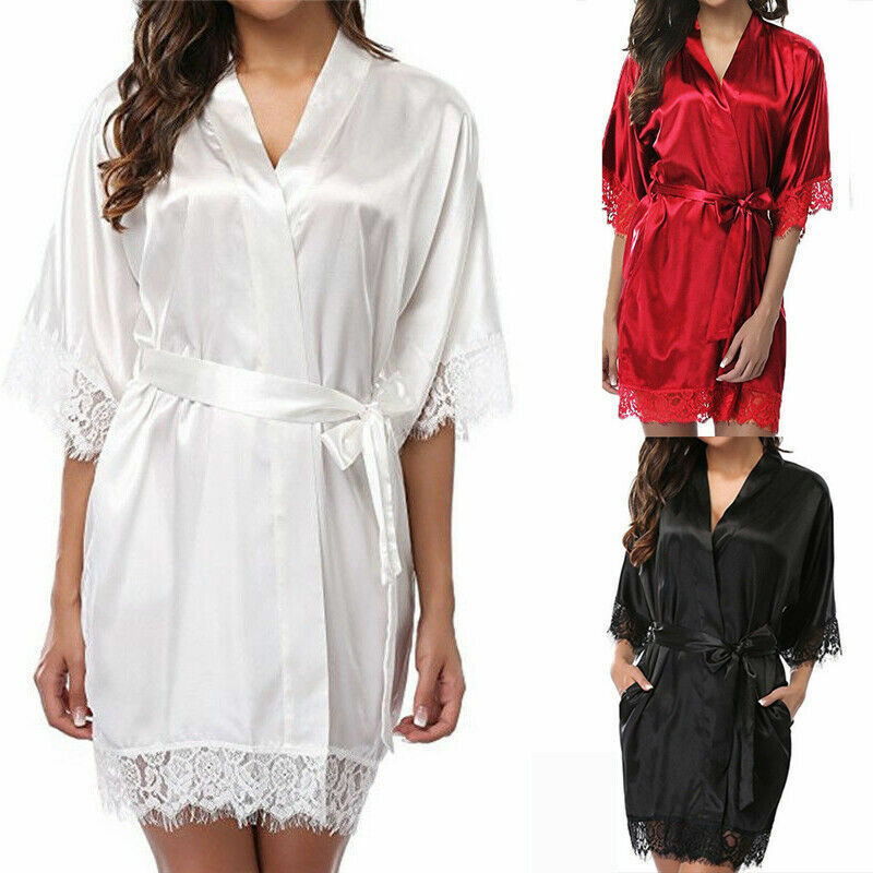 Women Satin Robe Wedding Bride Dressing Gown Sleepwear Bathrobe