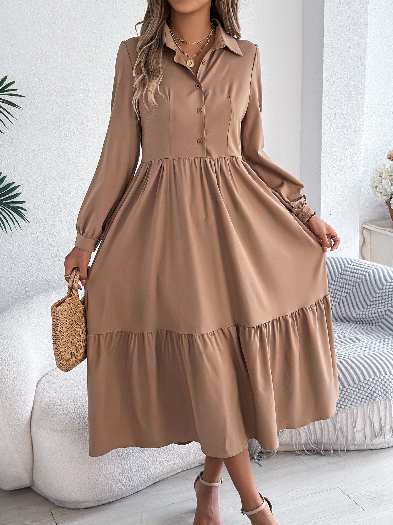 Women Lapel Casual Loose Long Sleeve Ruffled Shirt Dress