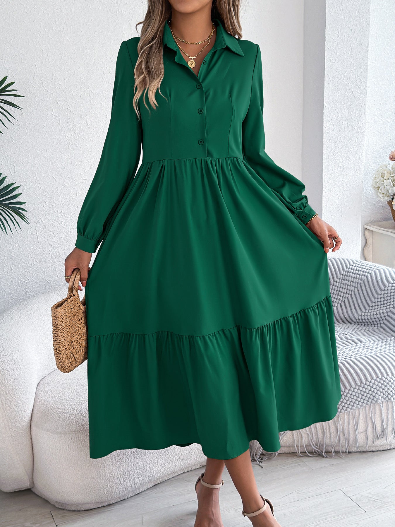 Women Lapel Casual Loose Long Sleeve Ruffled Shirt Dress