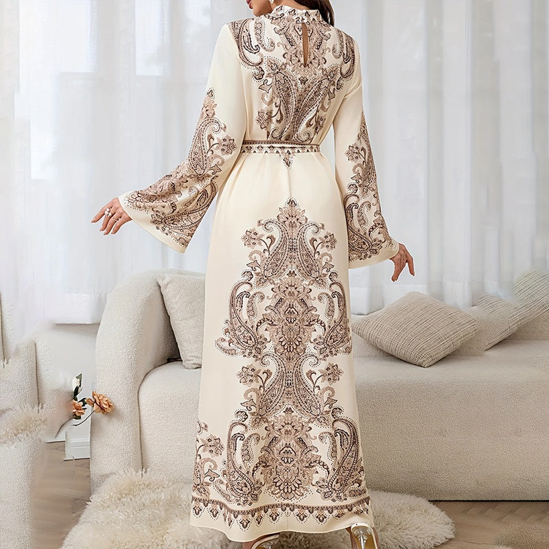 Women's Vintage High-Neck Floral Maxi Dress Long Sleeve, Adjustable Waist Belt,Holiday Dress Ankle-Length Gown