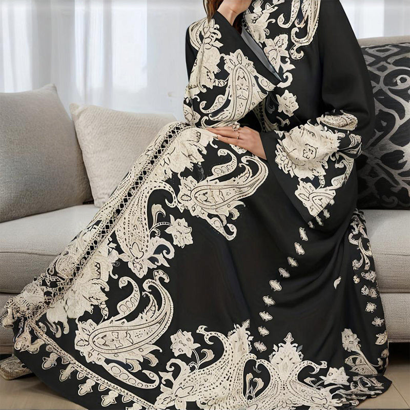 Women's Vintage High-Neck Floral Maxi Dress Long Sleeve, Adjustable Waist Belt,Holiday Dress Ankle-Length Gown