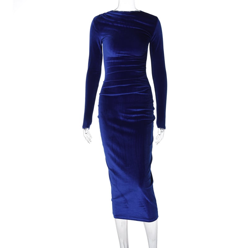 Women dresses Solid-color fitted pleated round-neck long-sleeved dress