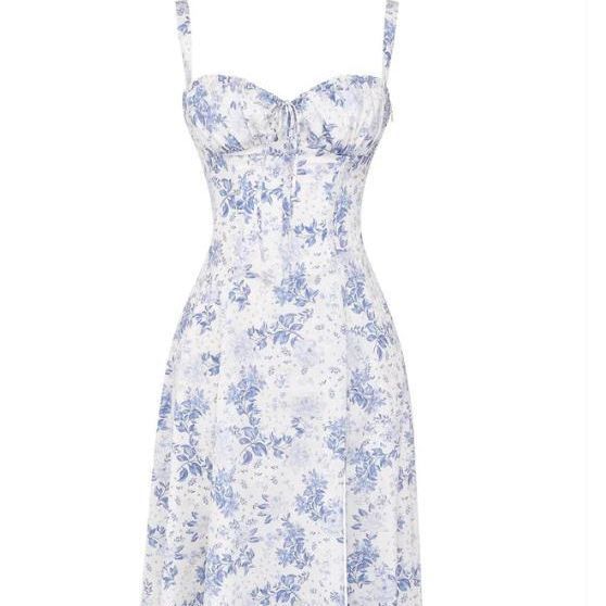 American  Hot Low-cut Sexy Digital Printed Chest Back Strap Waist Mid-length Dress