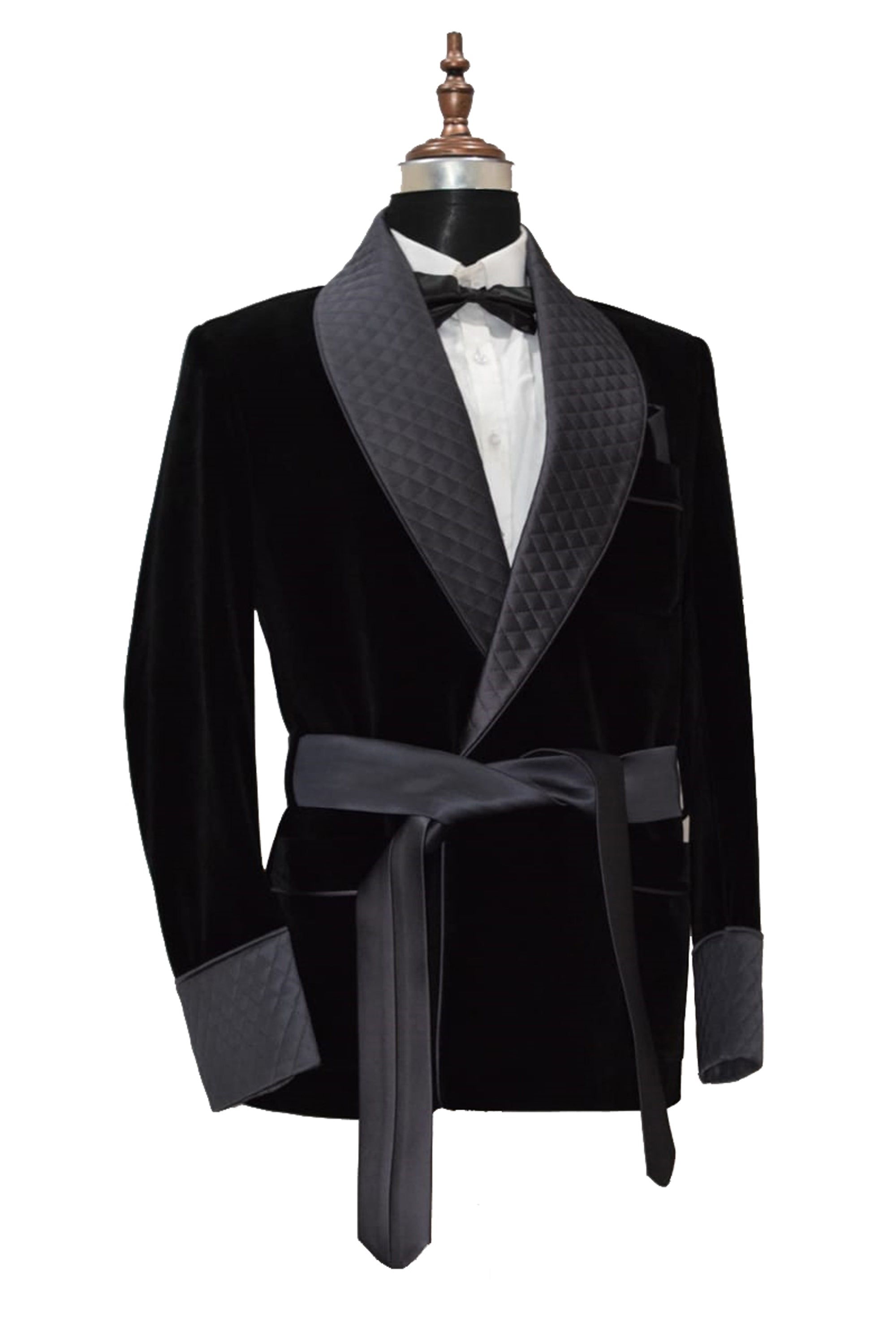 Men Black Velvet Smoking Jacket with Black Quilted Lapel, Cuffs and Satin Belt