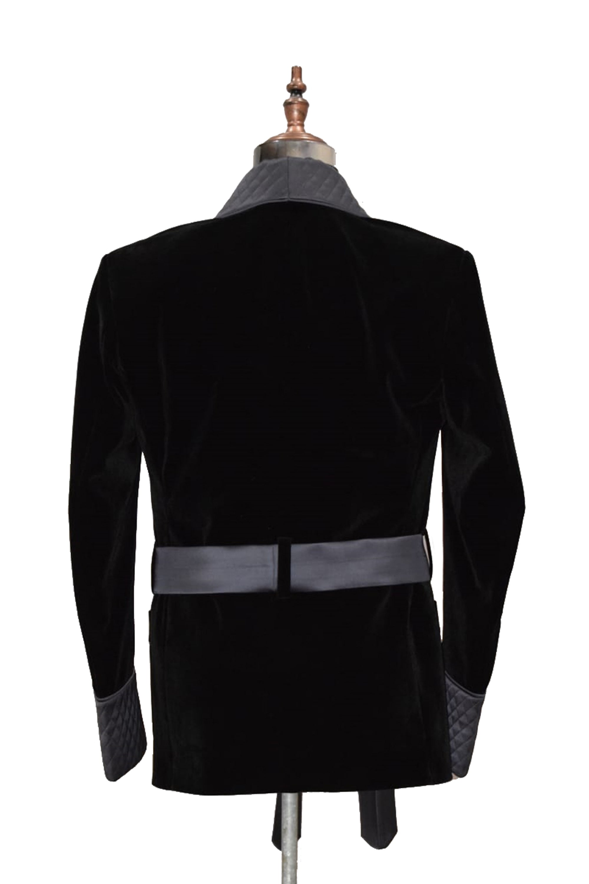 Men Black Velvet Smoking Jacket with Black Quilted Lapel, Cuffs and Satin Belt