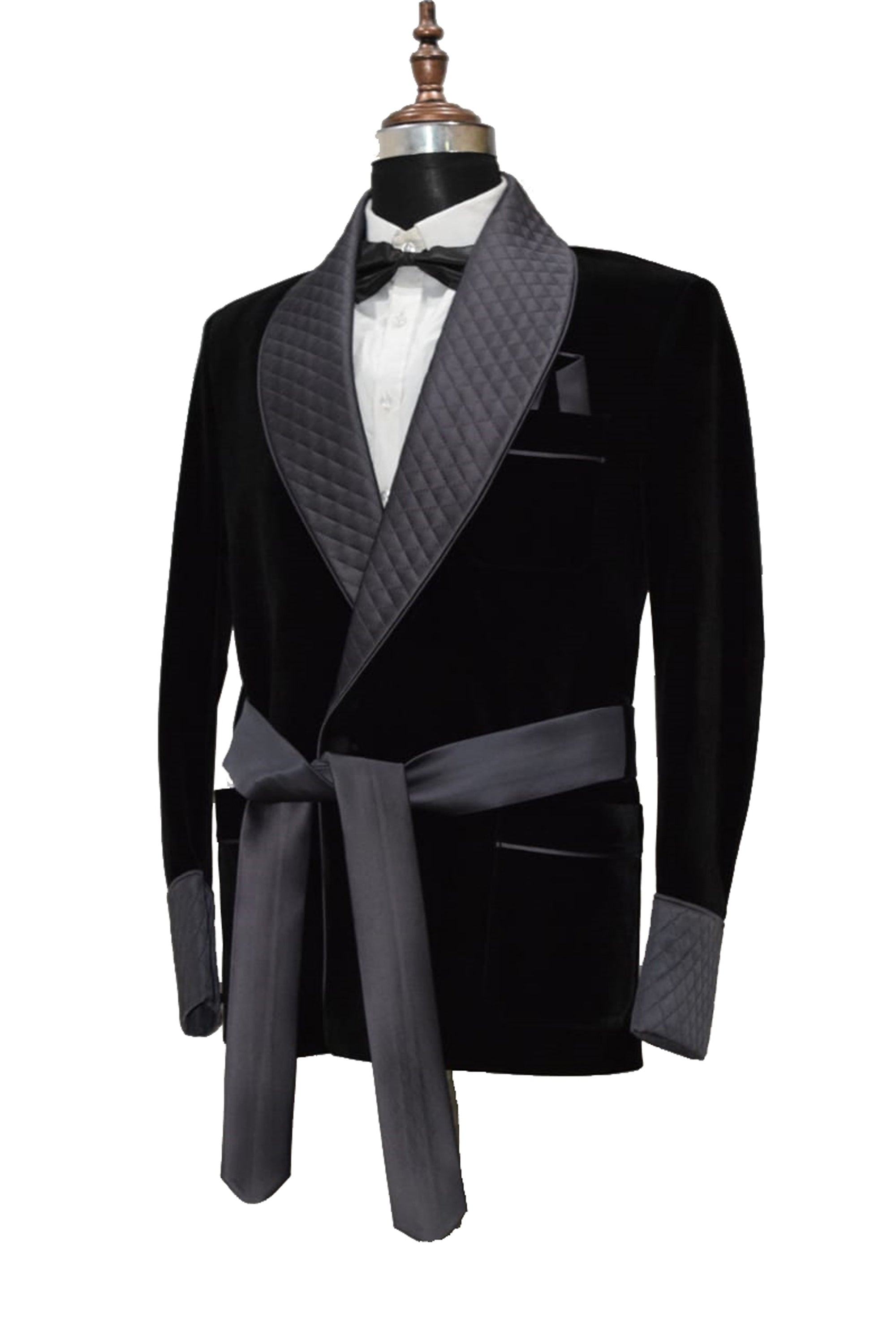Men Black Velvet Smoking Jacket with Black Quilted Lapel, Cuffs and Satin Belt
