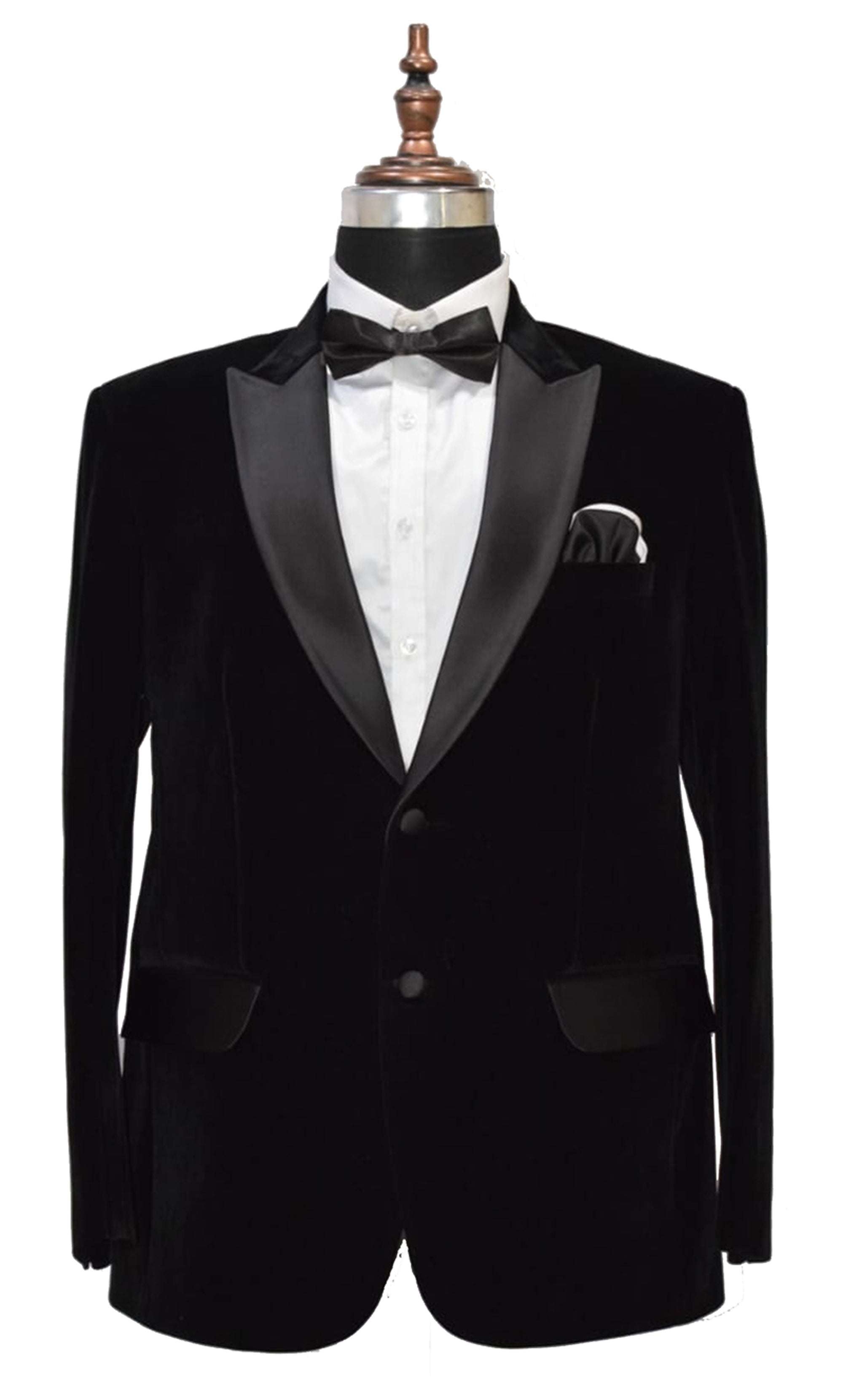 Men's black velvet smoking jacket with shawl collar and elegant frog closure for formal wear.