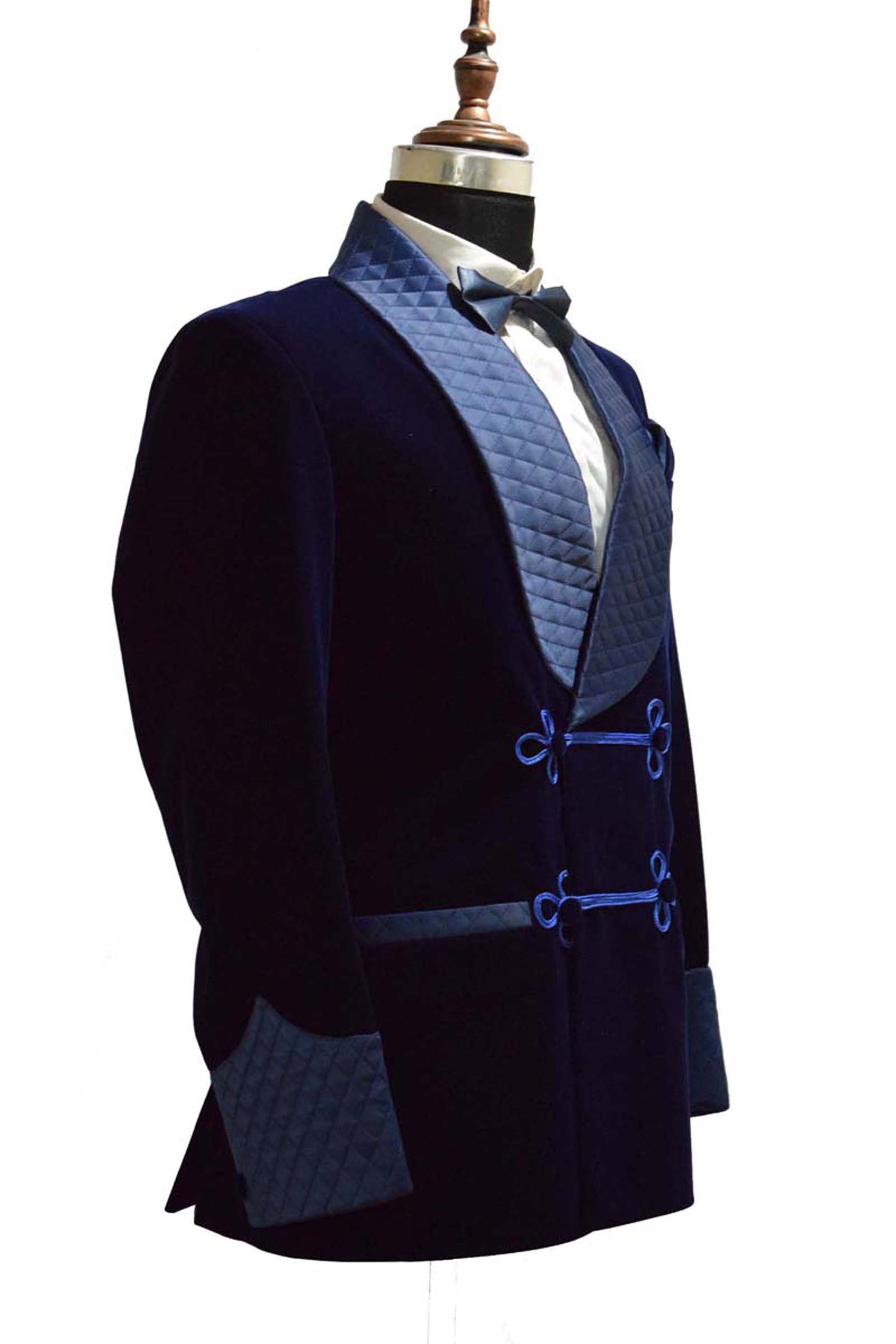Men Navy Blue Velvet Smoking Quilted Jacket with Frog Closure