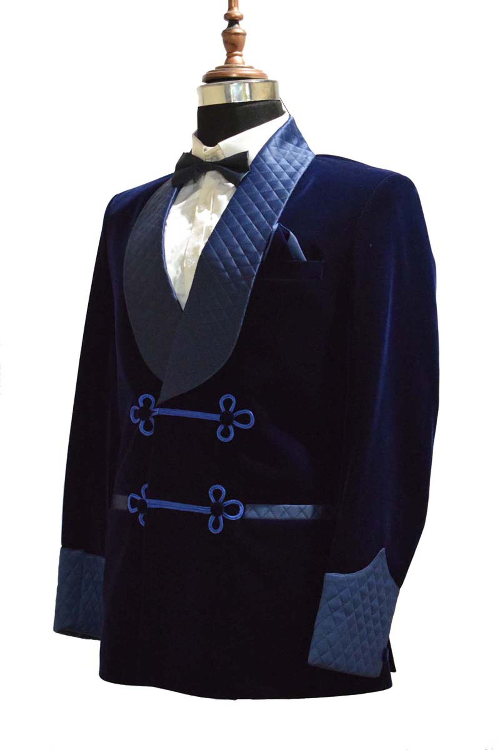 Men Navy Blue Velvet Smoking Quilted Jacket with Frog Closure