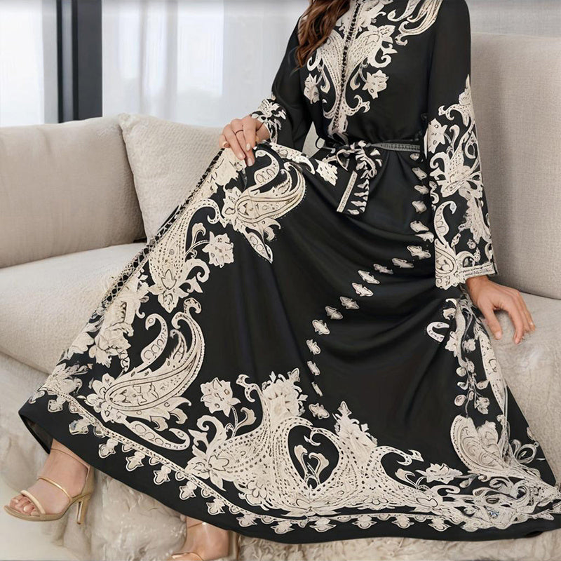 Women's Vintage High-Neck Floral Maxi Dress Long Sleeve, Adjustable Waist Belt,Holiday Dress Ankle-Length Gown
