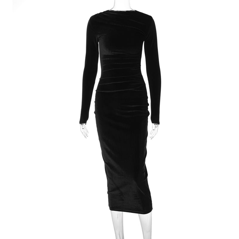 Women dresses Solid-color fitted pleated round-neck long-sleeved dress