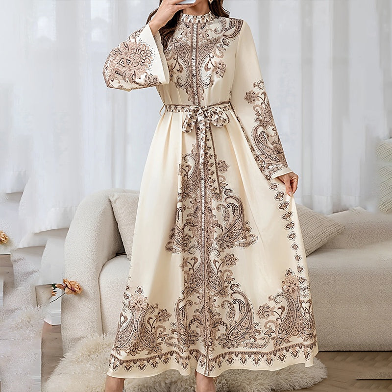 Women's Vintage High-Neck Floral Maxi Dress Long Sleeve, Adjustable Waist Belt,Holiday Dress Ankle-Length Gown