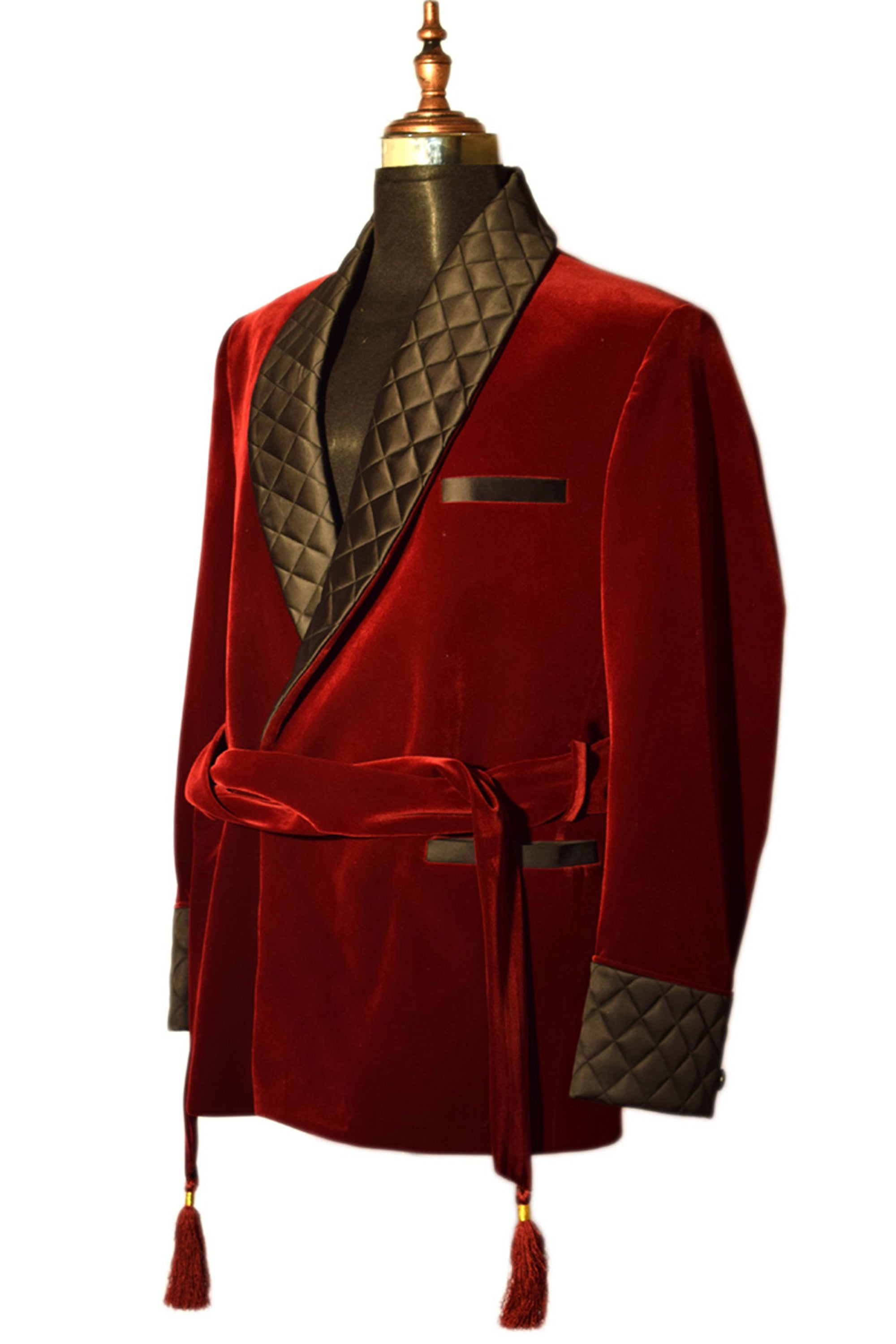 Men Maroon Smoking Jacket Quilted Lapel, Cuffs with Belt