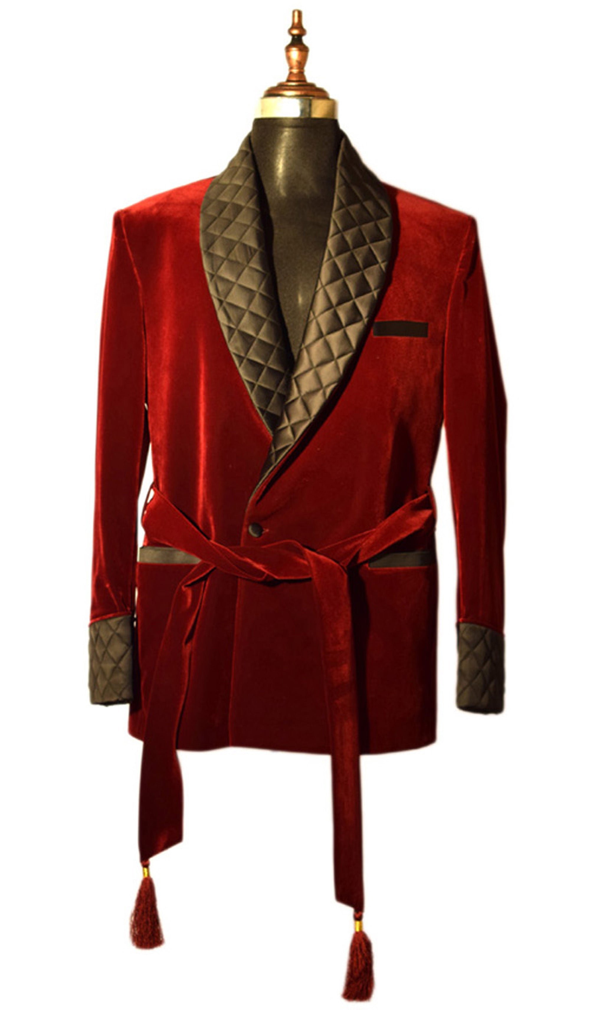 Men Maroon Smoking Jacket Quilted Lapel, Cuffs with Belt