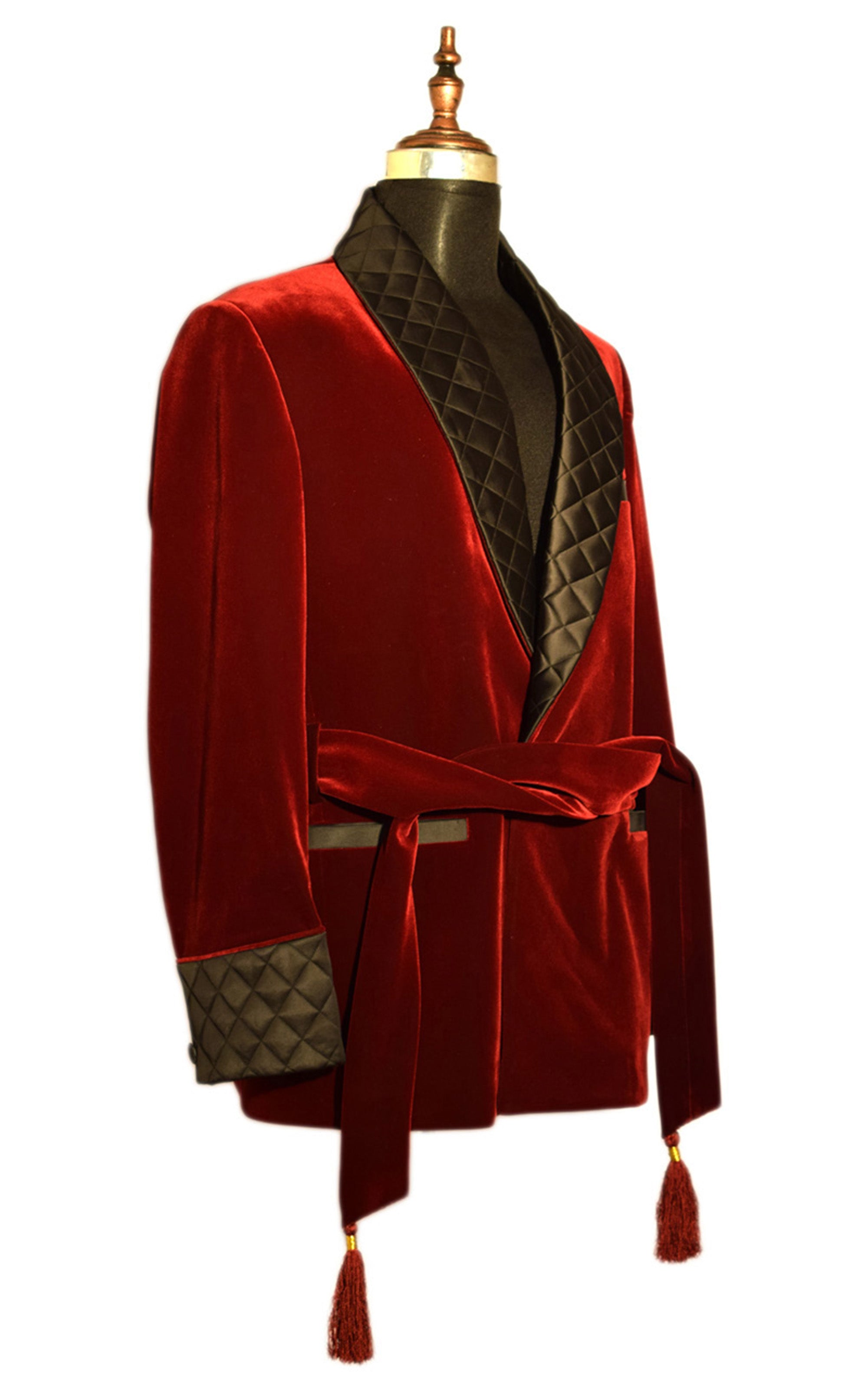 Men Maroon Smoking Jacket Quilted Lapel, Cuffs with Belt